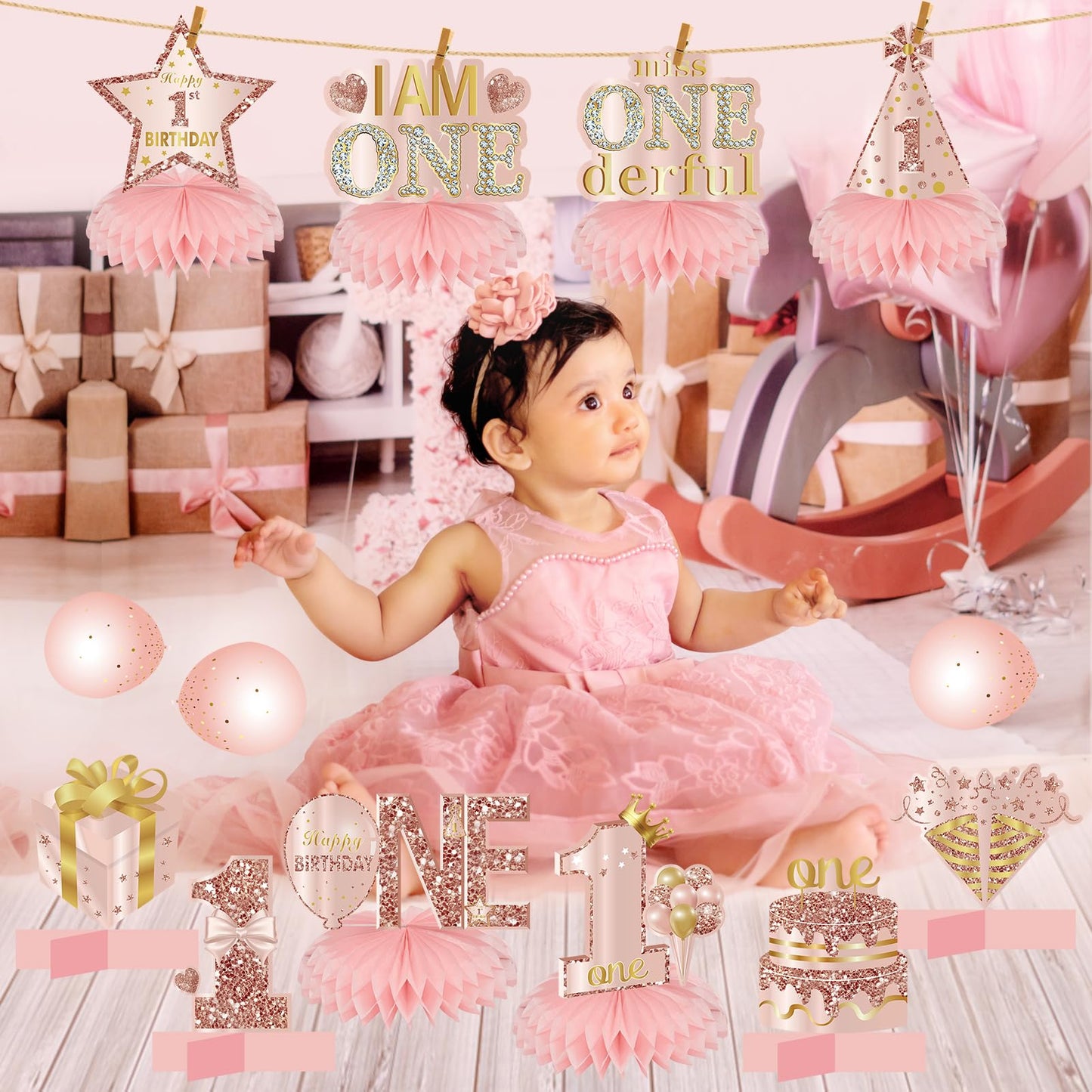 Turypaty 10Pcs 1St Birthday Decorations Honeycomb Centerpieces For Baby Girls, Pink Rose Gold Miss Onederful First Birthday Tabl