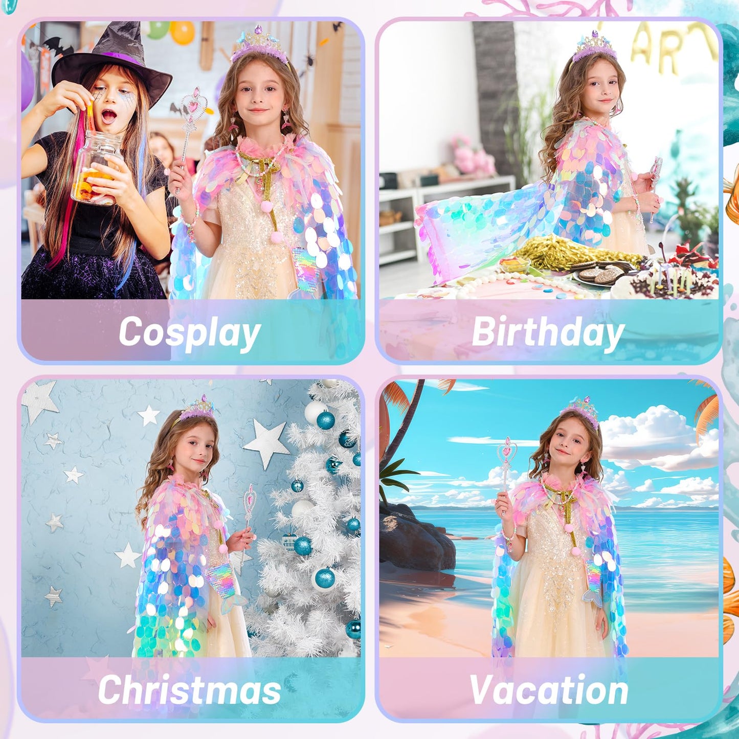 LIMIROLER Princess Dress Up Toys Set - 9 Pcs Rainbow Mermaid Cape Kit for Girls 3-8 Years, Polyester, Great Gift for Birthdays & Holidays