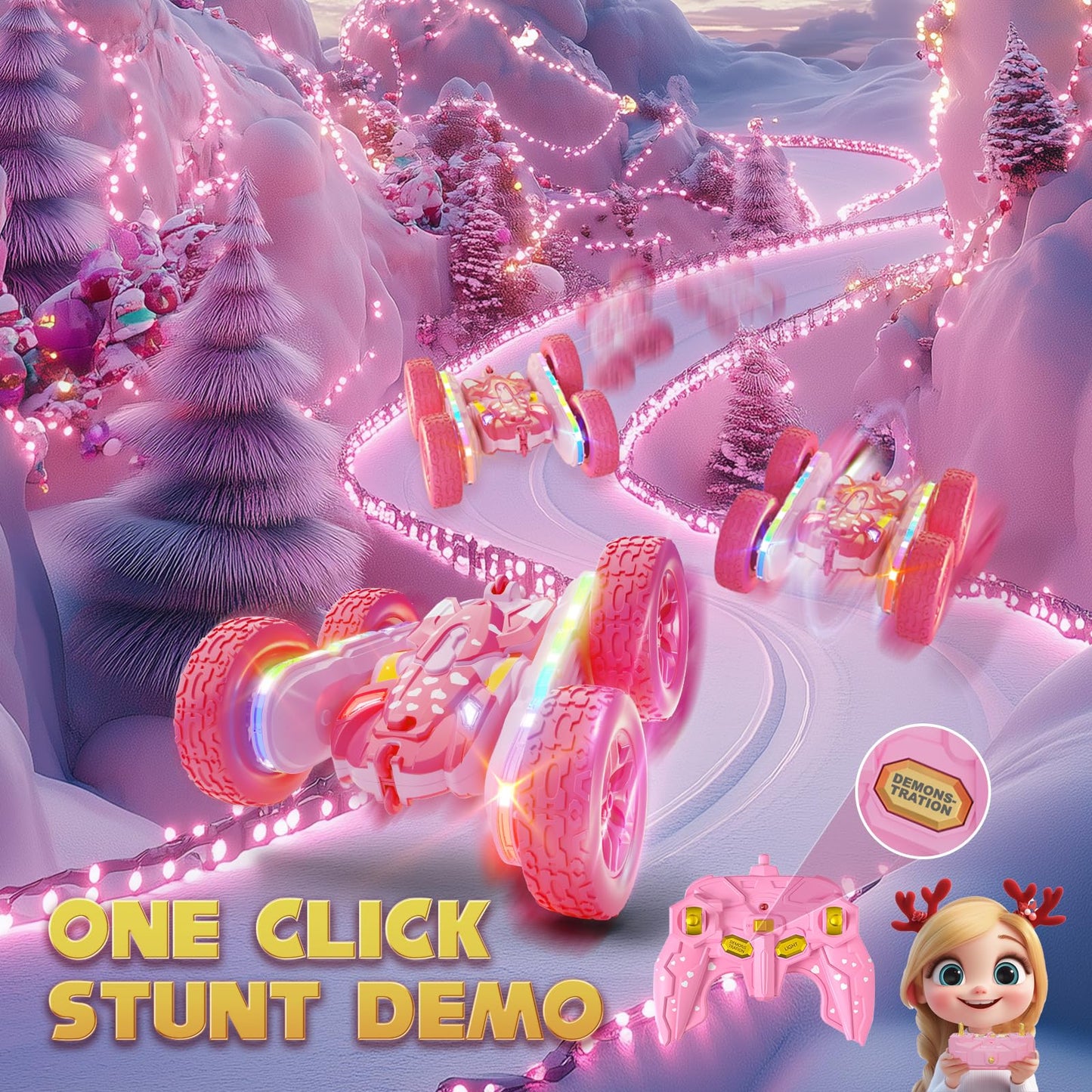 Terucle Remote Control Car for Girls, New Pink RC Cars Stunt RC Car Girl Toys for Girls Double-Sided 360 Rotating with Headlight