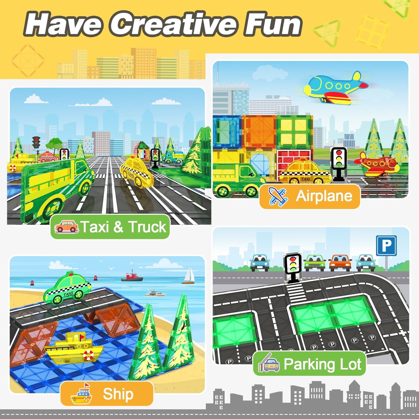 Magnetic Tiles City Road Set Kids Toys Sensory Games For 3 Year Old Boys And Girls, Magnetic Blocks For Kids Age 3-5 4-8 Classroom Must Haves Preschool Learning Outdoor Toys
