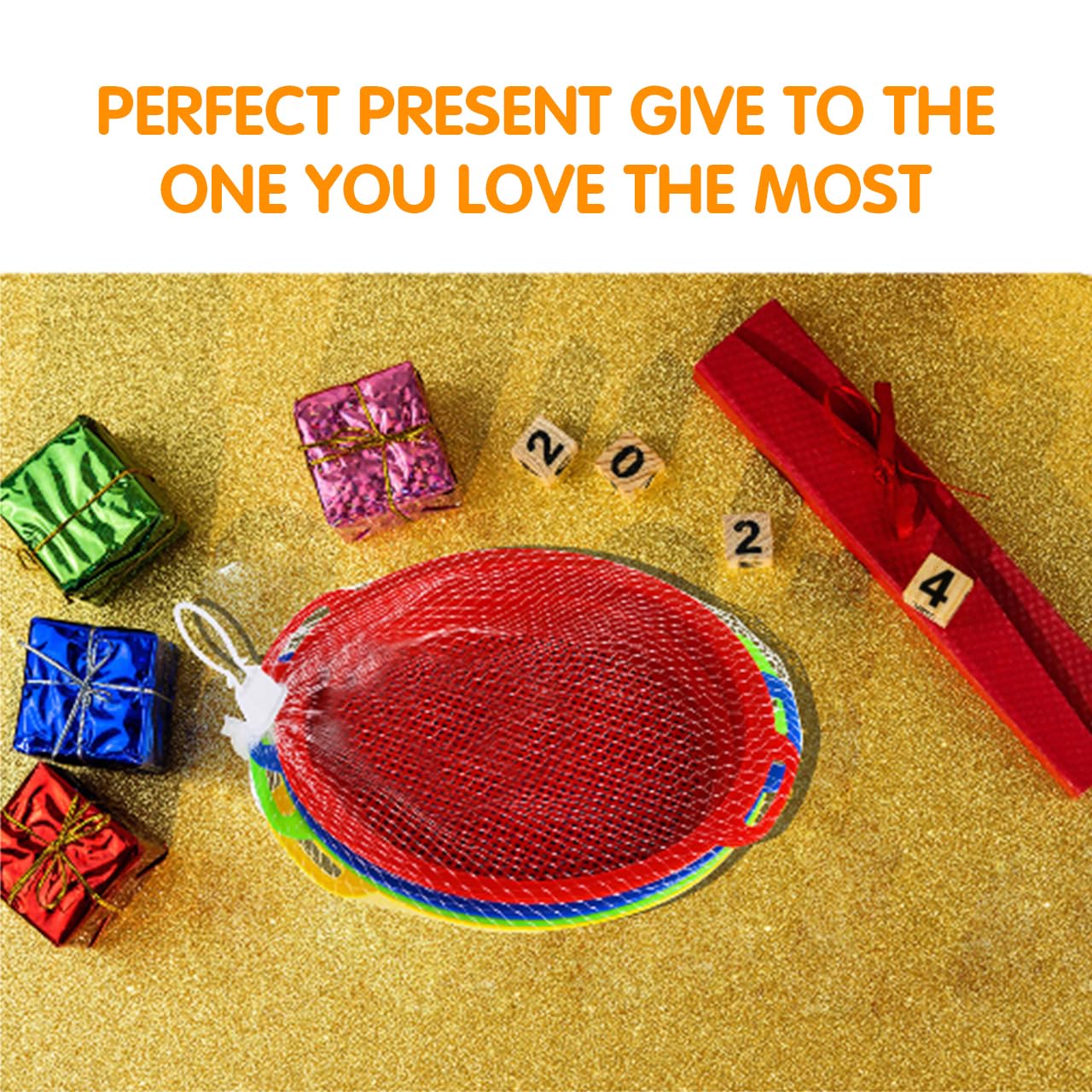 QINGLER Sand Sifters Sieve for The Beach Sand Toys (Red, Blue, Yellow & Green) Complete Gift Set Bundle-4Pack(8.75x 9.75in)