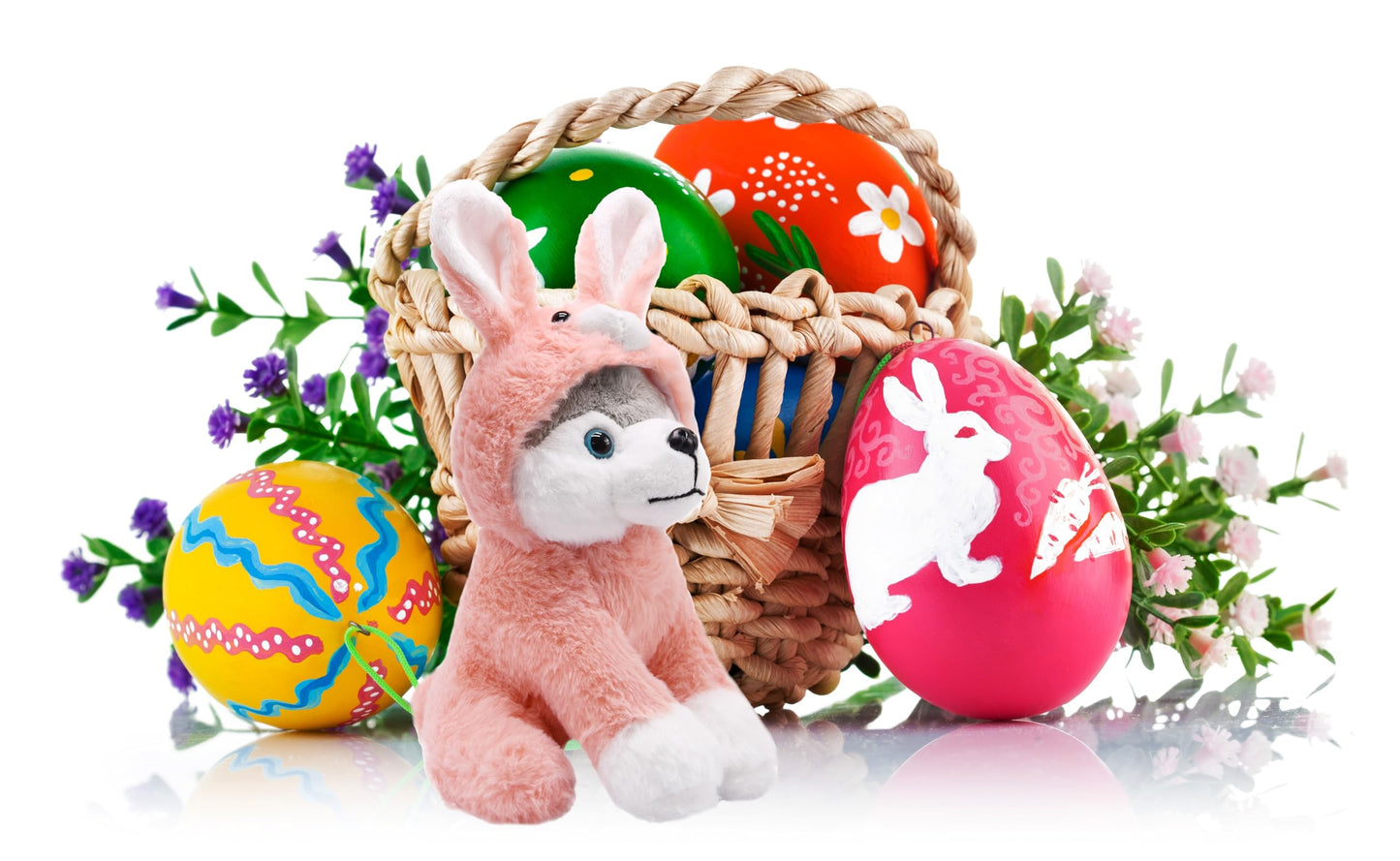 YONLIT Adorable Husky Stuffed Animal Dressed in a Pink Bunny Outfit, Super Cute and Soft Plush Puppy Bunny for Easter Basket Gif