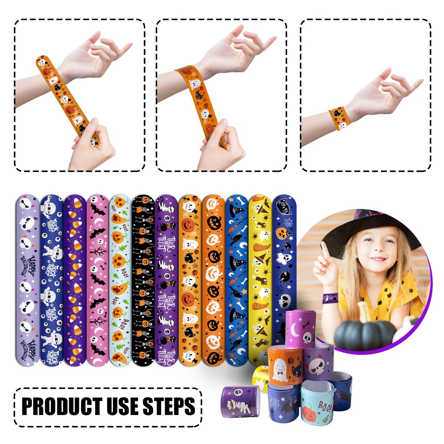 FOIMAS 48pcs Halloween Slap Bracelets,Halloween Snap Bracelet Pumpkin Witch Wristband for Kids Halloween Trick or Treat Bag Fill