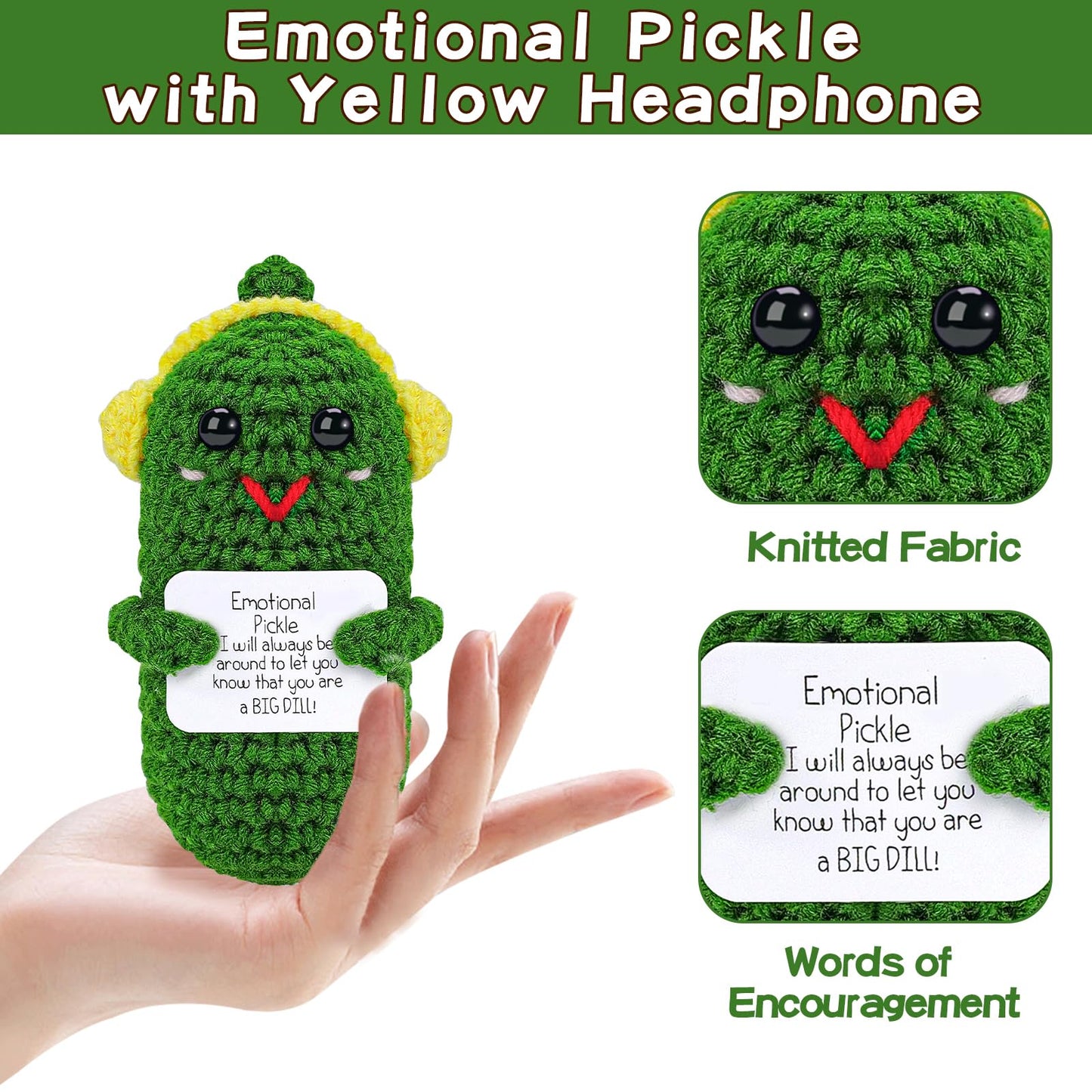 Hoedia Emotional Support Pickle With Yellow Headphone: Cucumber Crochet Dolls Friend Birthday Gifts For Women Men Coworkers Stud