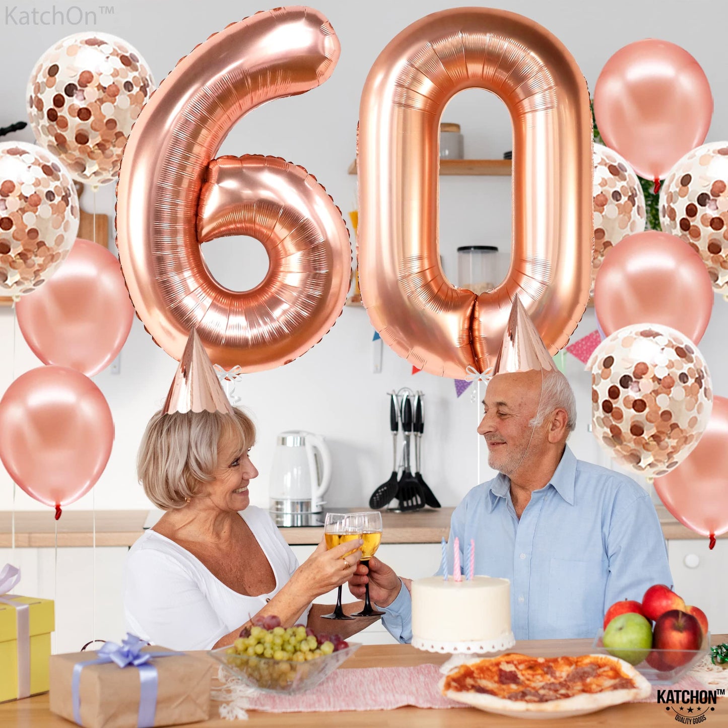 KatchOn Big Rose Gold Number 60 Balloon - 40 Inch Mylar Foil for Birthday & Anniversary Decorations, Confetti Included