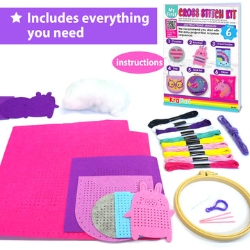 KRAFUN Beginner My First Cross Stitch Kit for Kids Arts & Crafts, 6 Easy Projects of Felt Keyring, Bag, Pillow Craft, Instructio