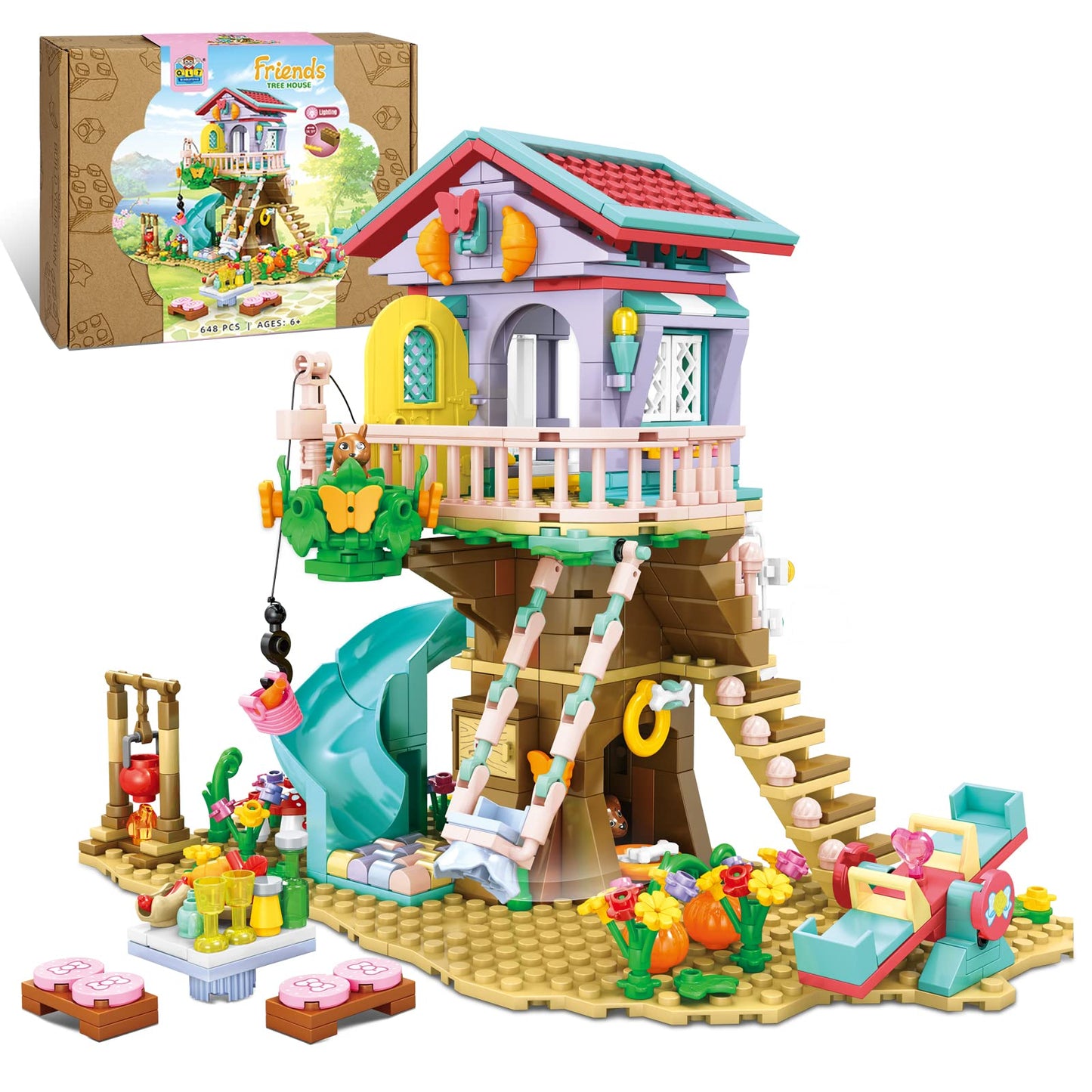 Qlt Tree House Building Set With Light Kit - Compatible With Lego Flowers Friends Friendship Treehouse Building Kit, Creative Forest Toy With A House Construction Set Gift For Kids(648Pcs)