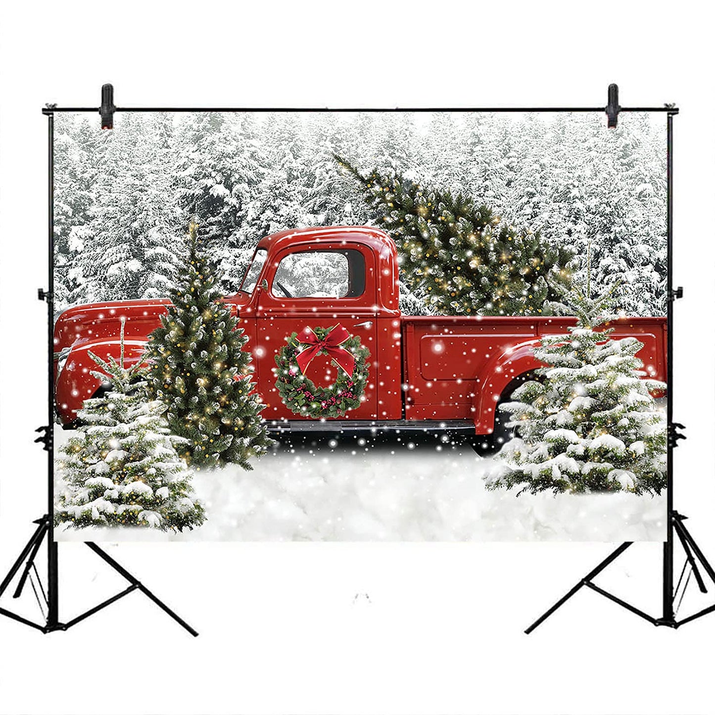 Avezano Christmas Backdrop - Vintage Red Truck with Tree, 8x6ft Vinyl, Winter Snowy Forest for Kids Portraits & Photobooth Props