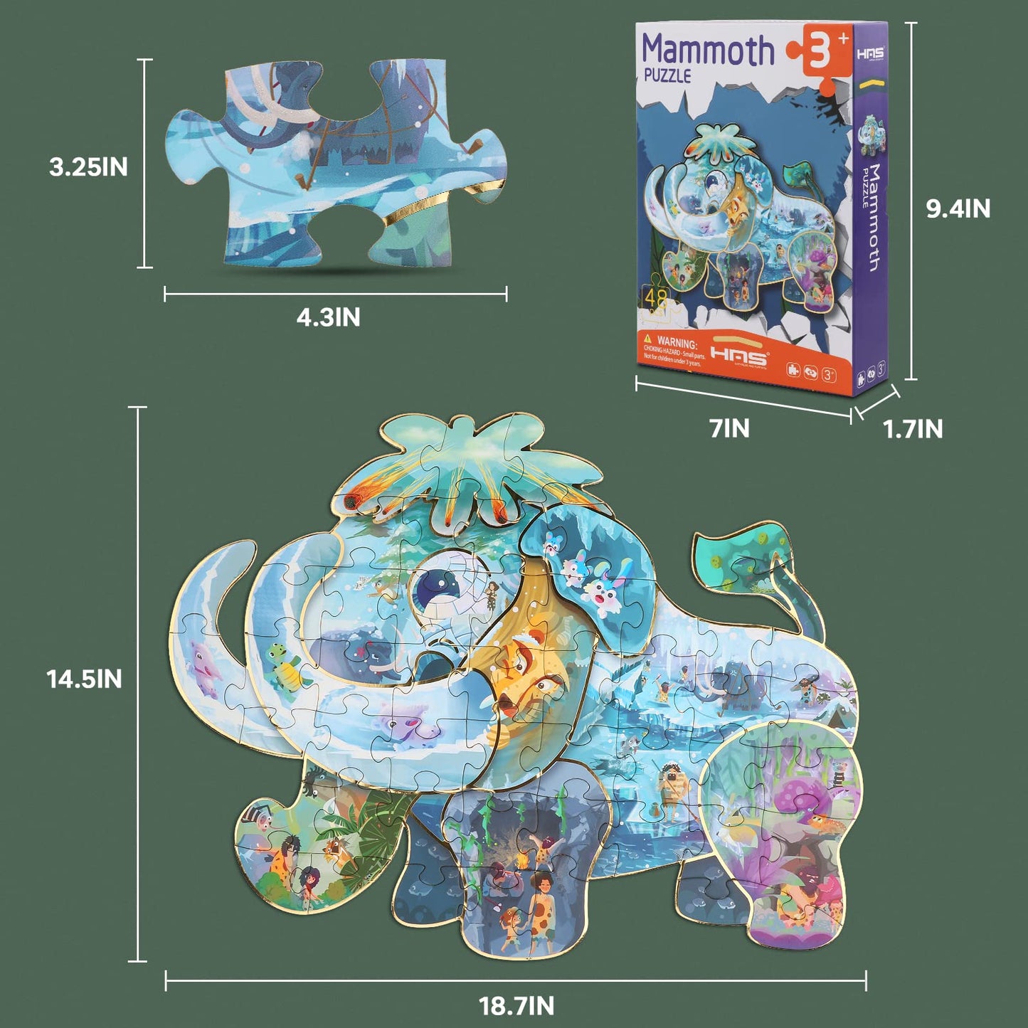 Has Happiness And Surprise Floor Puzzles For Kids Ages 3-8, 48 Pcs Double Sided Mammoth Elephant Shape Puzzle, Children Jigsaw Puzzles For Boys Girls Gifts