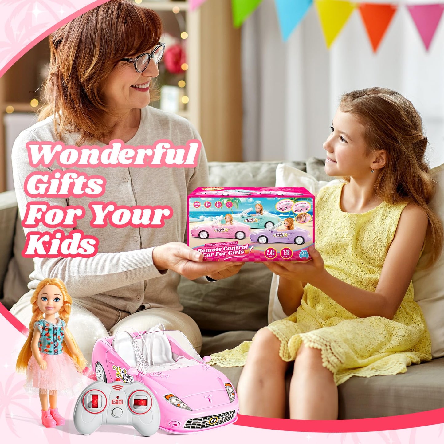 HapKid Pink Remote Control Car for Girls, 1:18 Scale RC Cars with LED Light, 2.4 GHZ Pink Truck Toy with 100 Min Long-Lasting Re