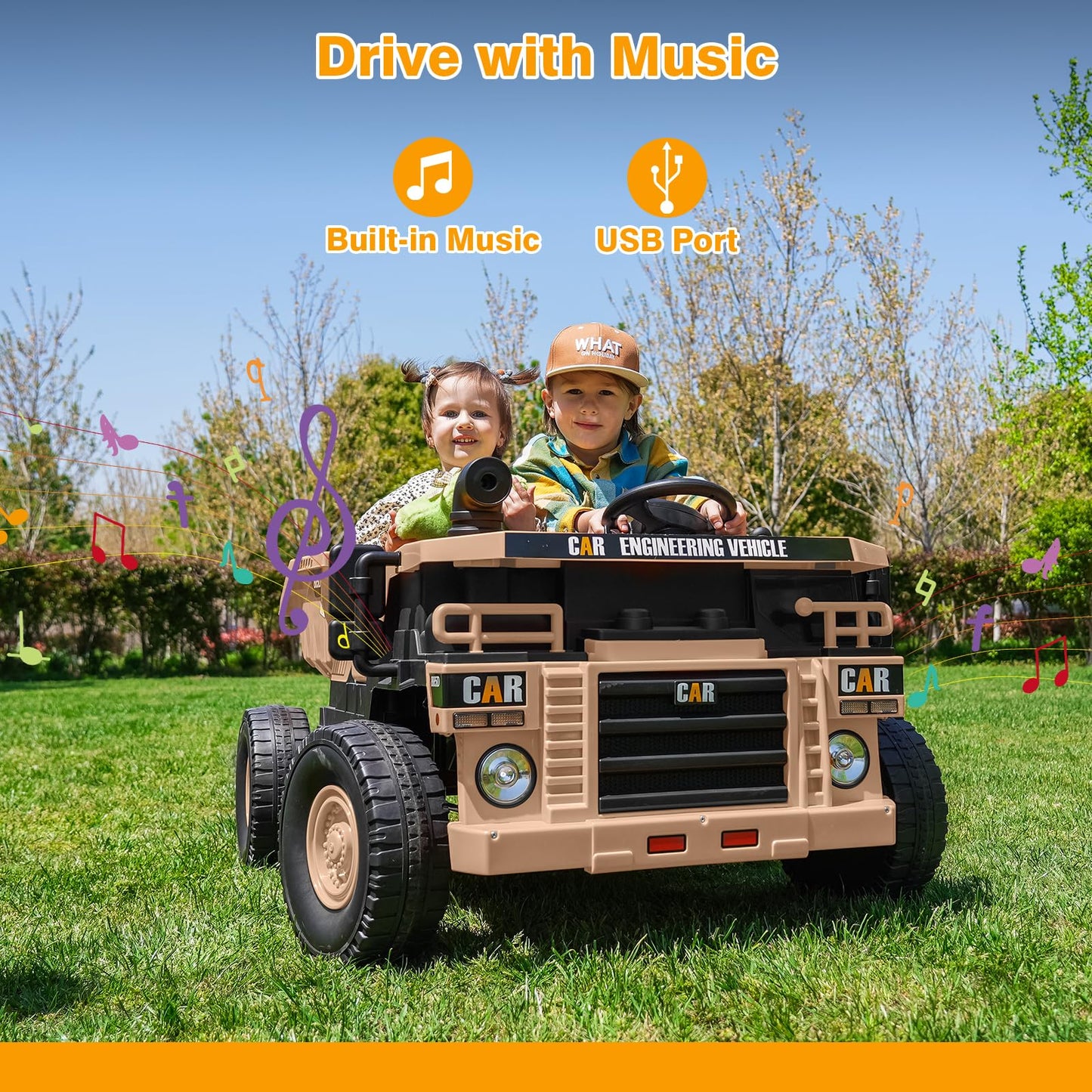 12V Kids Ride On Truck 2-Seater, Electric Ride On Toy Car Construction Vehicle Truck For Boys, Remote Control, Key Start, Shovel