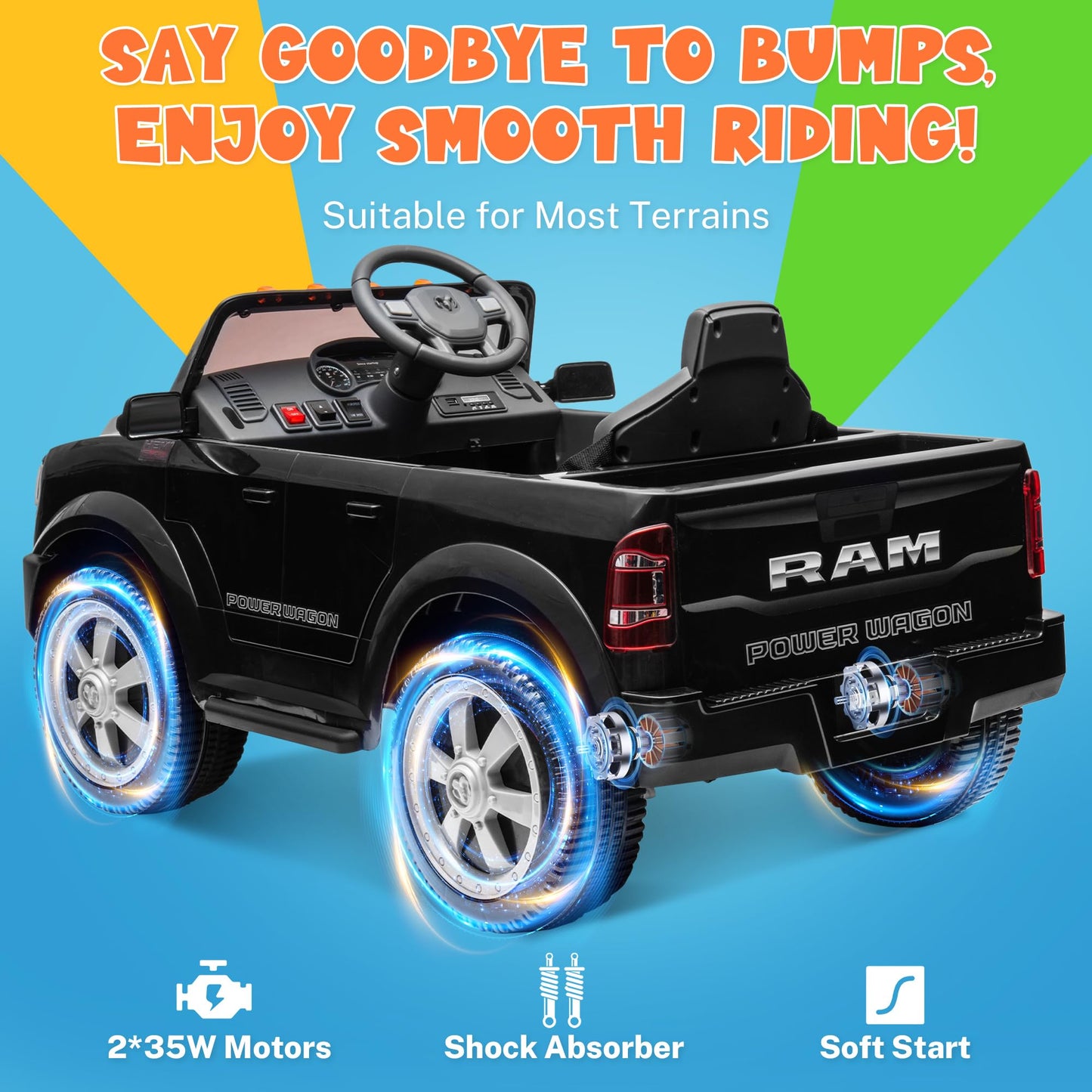 Enyopro 12V 7Ah Licensed Dodge Ram 2500 Ride On Car Truck, Electric Car Ride On Toys W/Parent Remote Control, Led Llights, Mp3 M