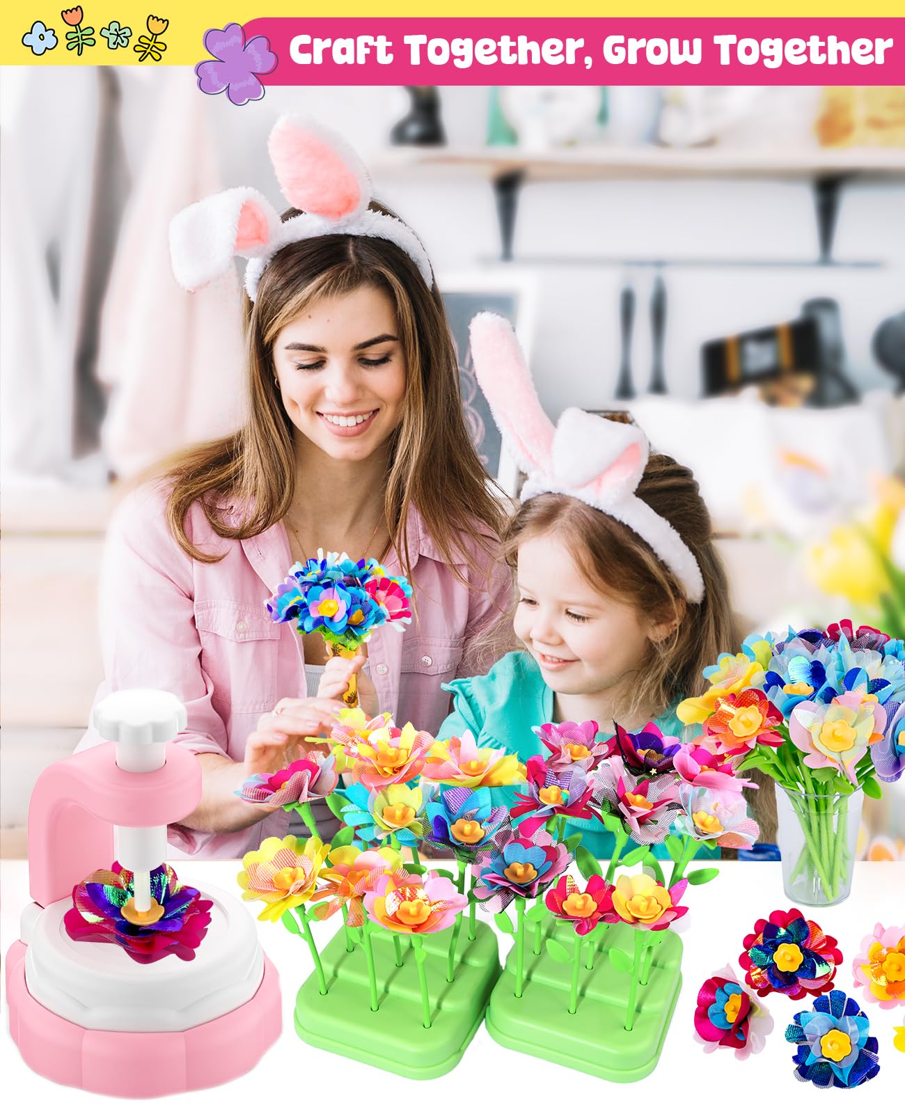 WKYCOE Fabric Flower Bouquets Craft Kit, DIY Arts and Crafts for Kids 4 5 6 7 8 9 Year Toddler Girl - Flowers Market Toy Educati