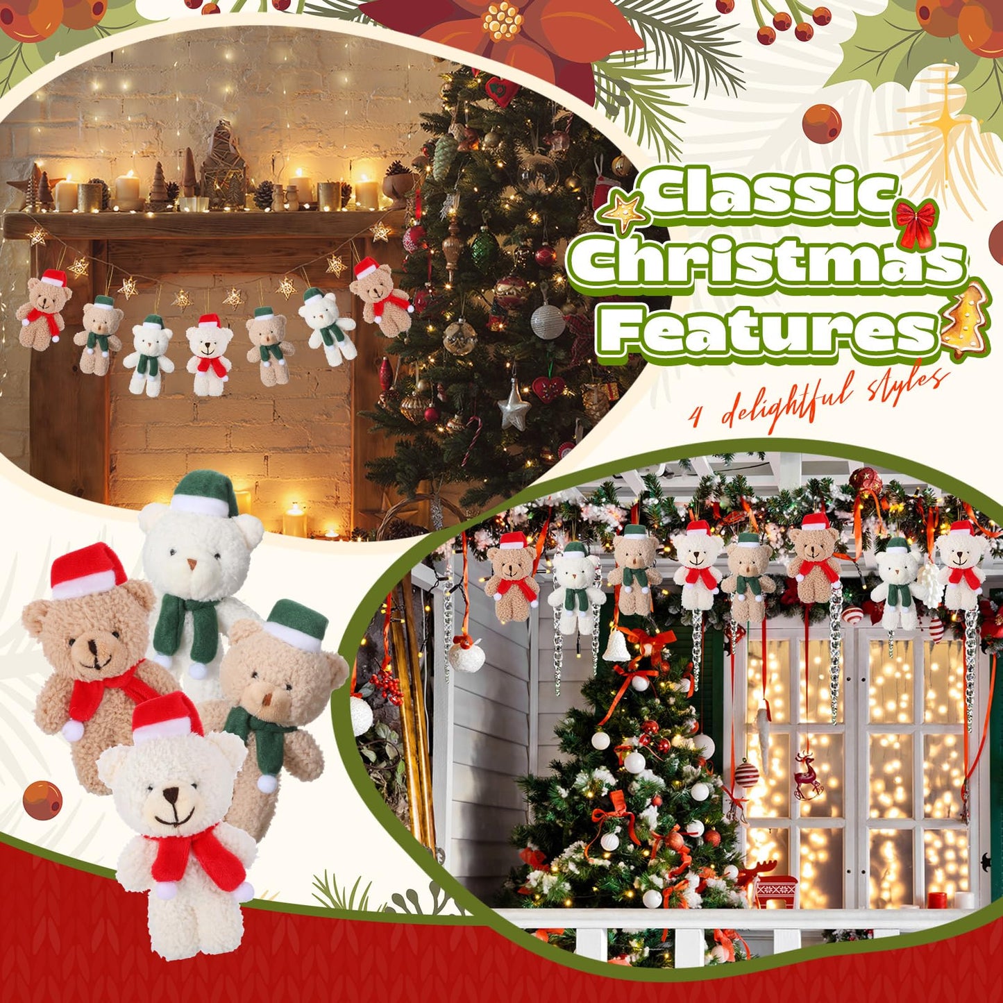Hiboom 40 Pieces Christmas Stuffed Animal Bear Christmas Small Plush Bear Cute Bear Stuffed Animals Xmas Plush Bear Toys For Bir