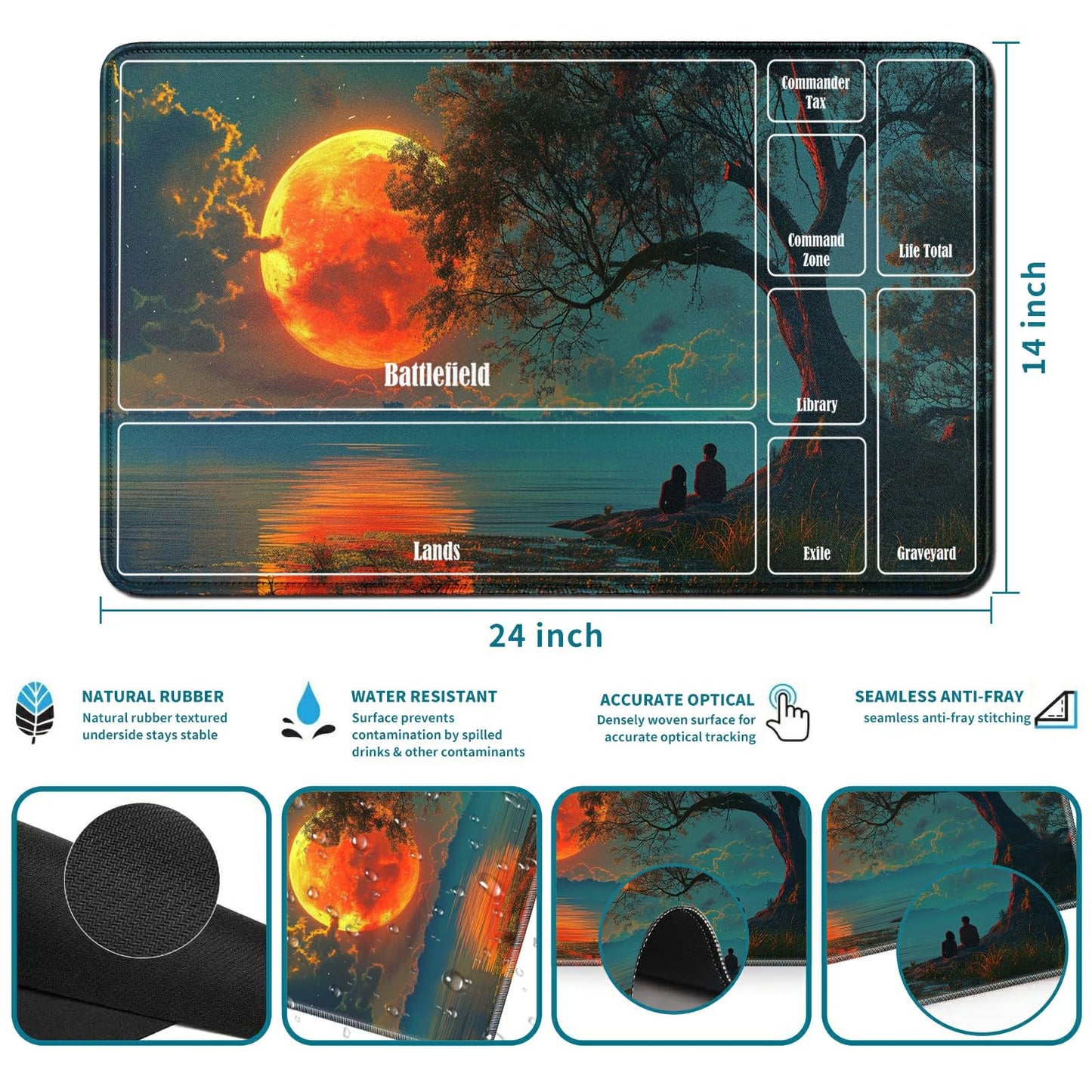 RWUTYTIUL Moon Tree Card Cardplaymat 24 x 14 Inch with Tube Bag, Card Gameplay Desk Mats with Zones Commander Deck Board MTG RPG