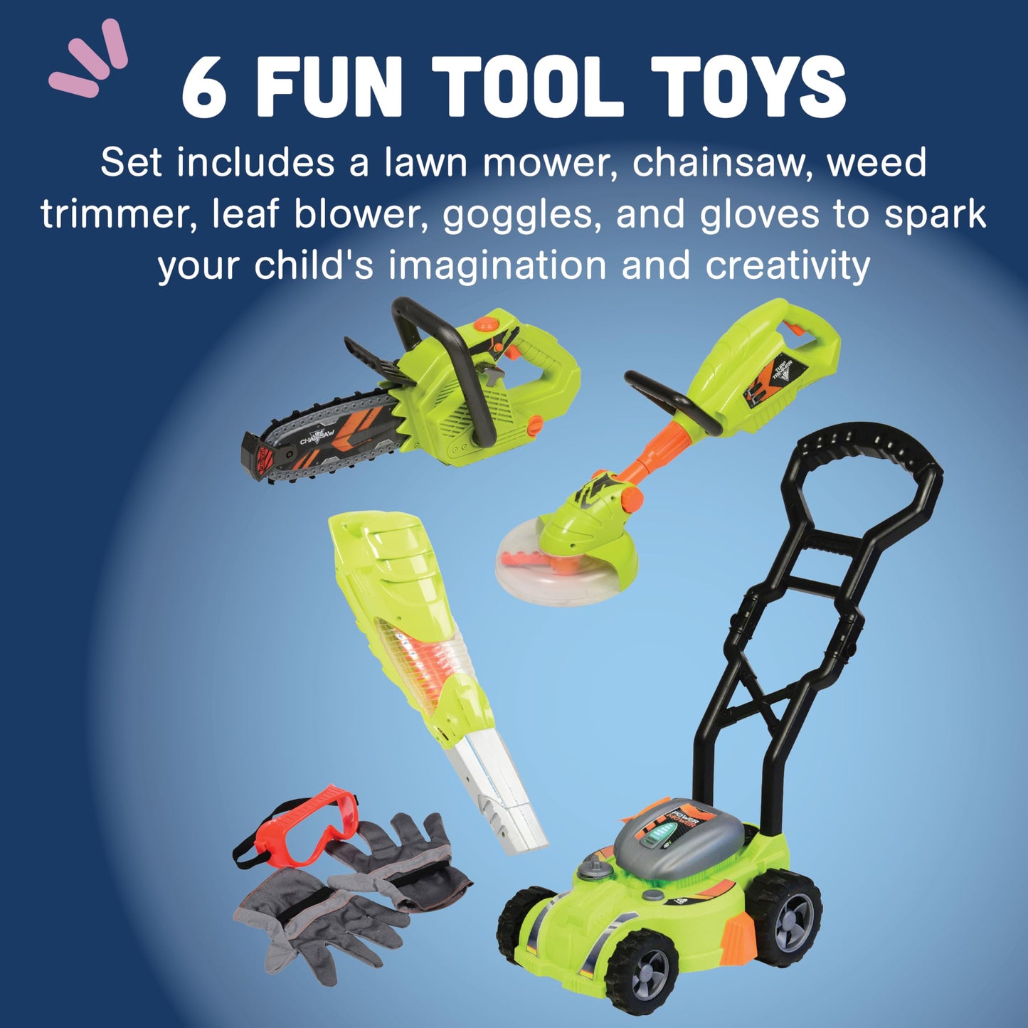 Cp Toys 6-Piece Power Gardening Toy Set For Kids Ages 3+, Child Size Indoor/Outdoor Play Kids Tool Set With Leaf Blower, Chainsaw, Lawn Mower, And More, Green