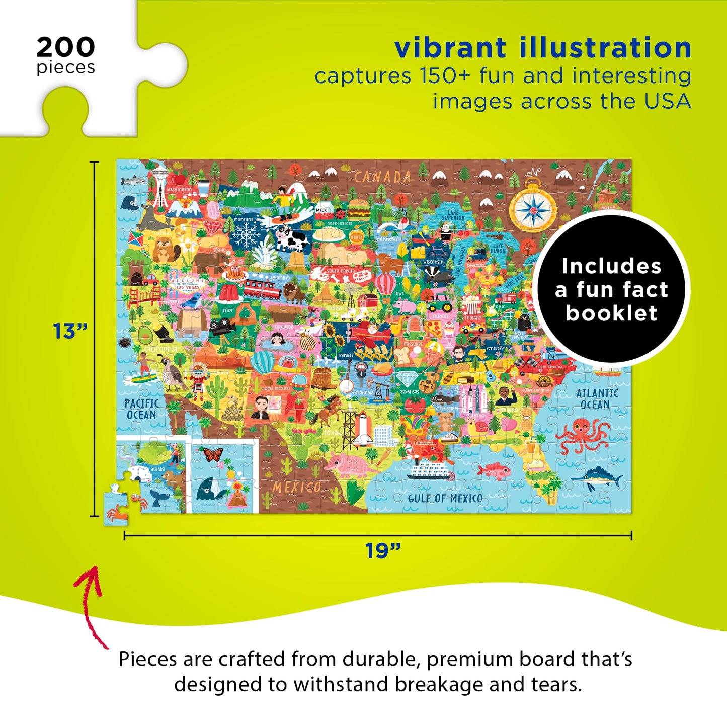 Crocodile Creek 200-Piece Jigsaw Floor Puzzle - Unique Puzzles For Kids Ages 6-8 And Up - Heavy-Duty Shaped Box For Storage - Includes A Fun Fact Booklet - Usa Puzzle - 13' L X 19' H Finished