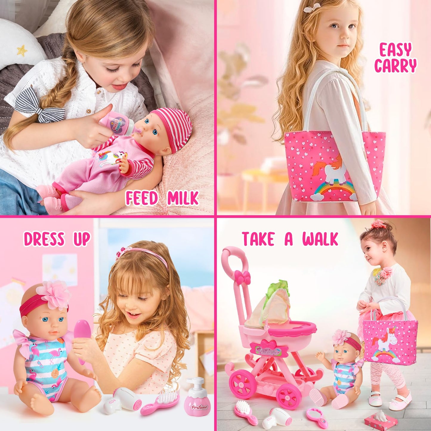 Golray Girl Baby Doll Stroller Toy Set With 12' Baby Doll & 17Pcs Baby Doll Accessories Handbag/Clothes/Sunshade/Feeding Nursery Pretend Play Toy Birthday Gift For Toddler Girls 3 4 5 6 7 Years Old