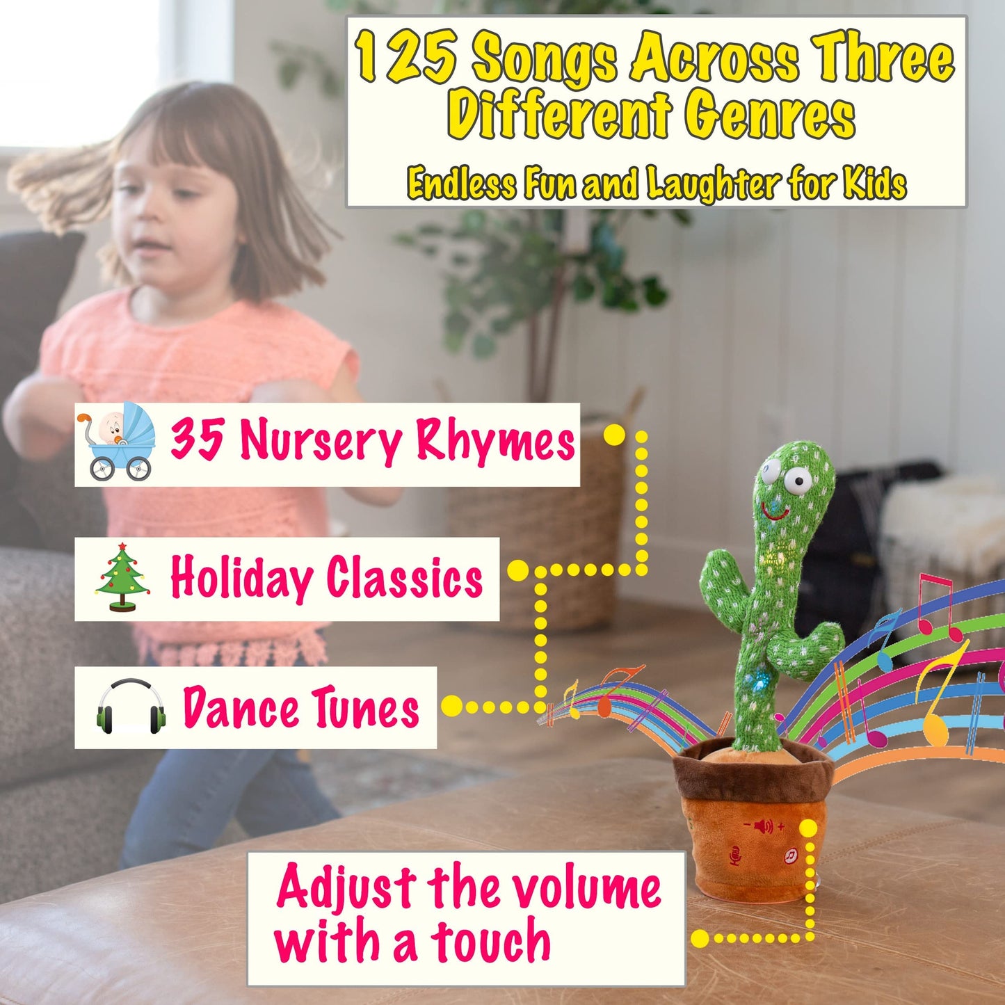 Tiny Tots Toys Dancing Cactus Mimicking Toy For Baby - Talking Cactus That Mimics And Sings - 125 Songs 35 Nursery Rhymes For Toddlers And Up | Repeats, Mimics And Wiggles With Dazzling Led Lights