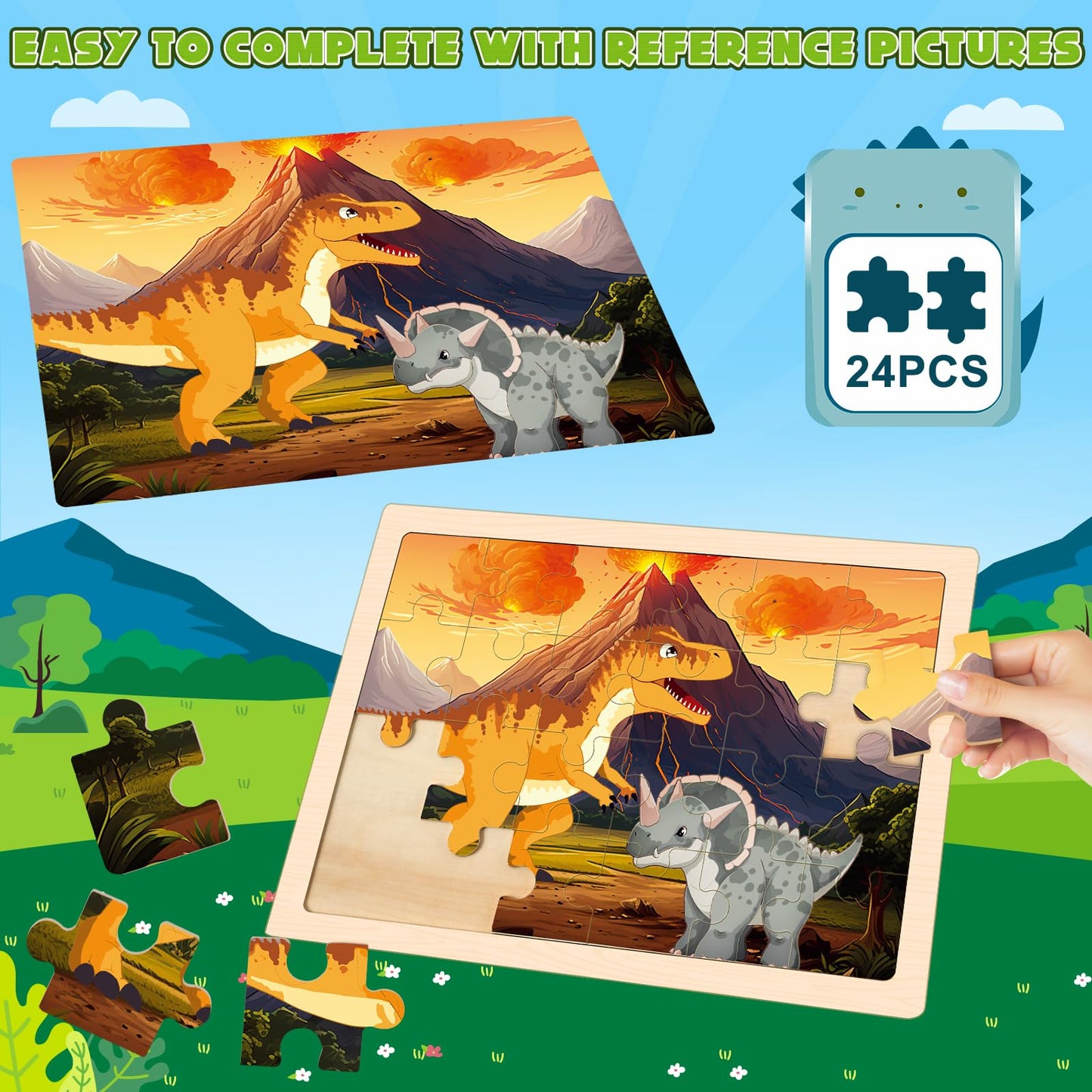 Wooden Dinosaurs Puzzles For Kids Age 3 4 5 Year Old, 4 Pack 24 Pcs Montessori Toddler Jigsaw Puzzles For Girl Boy Activities Pr