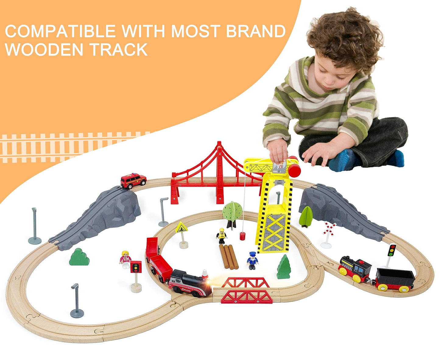 Battery Operated Train For Wooden Track, Motorized Train For Toddlers 3+ Years Old, 3Pcs Train Toy Set Electric Train Compatible With Thomas, Brio, Chuggington, Melissa And Doug
