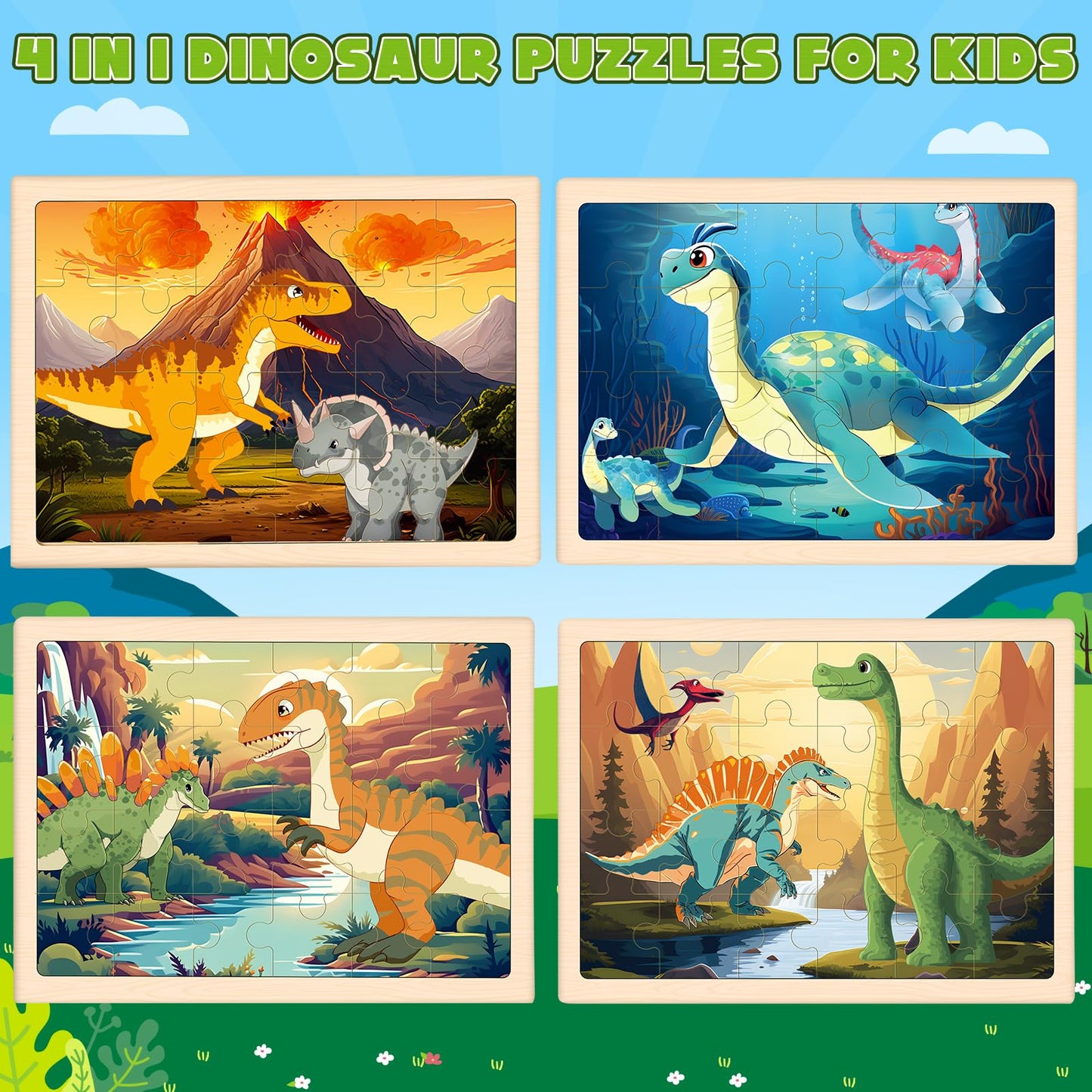 Wooden Dinosaurs Puzzles For Kids Age 3 4 5 Year Old, 4 Pack 24 Pcs Montessori Toddler Jigsaw Puzzles For Girl Boy Activities Pr