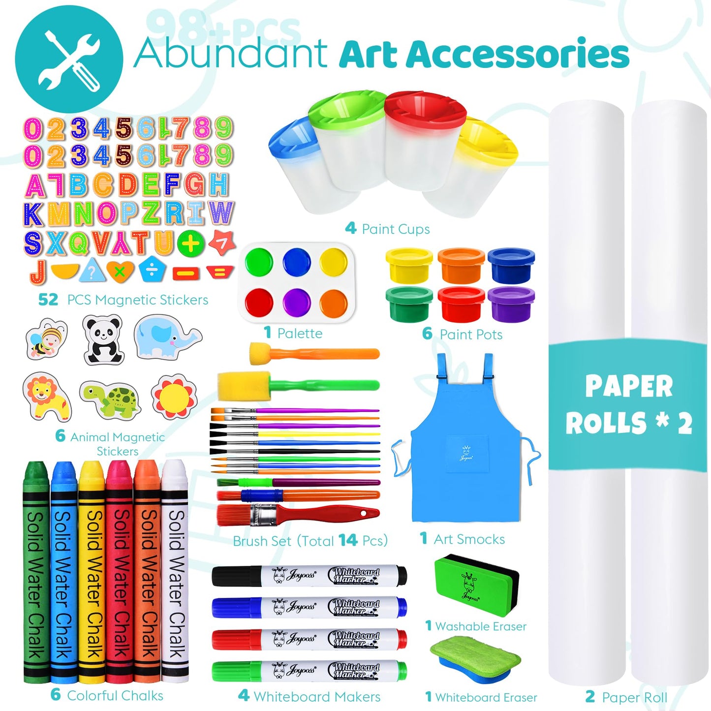 Joyooss Art Easel For Kids, Double Sided Wooden With 98+ Accessories Kids Easel Drawing Board With Magnetic Chalkboard, Dry Eras