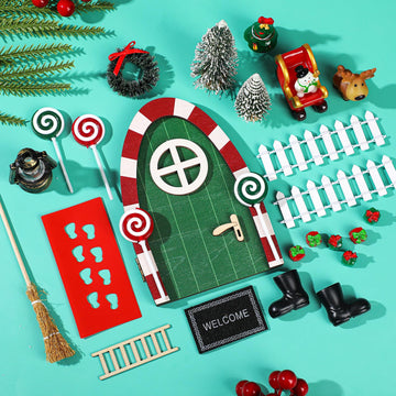 Gerrii 25 Pcs Green Christmas Elf Fairy Doors Decorations Miniature Enchanted Fairy Door Kit Tiny Elf Christmas Decor Accessorie