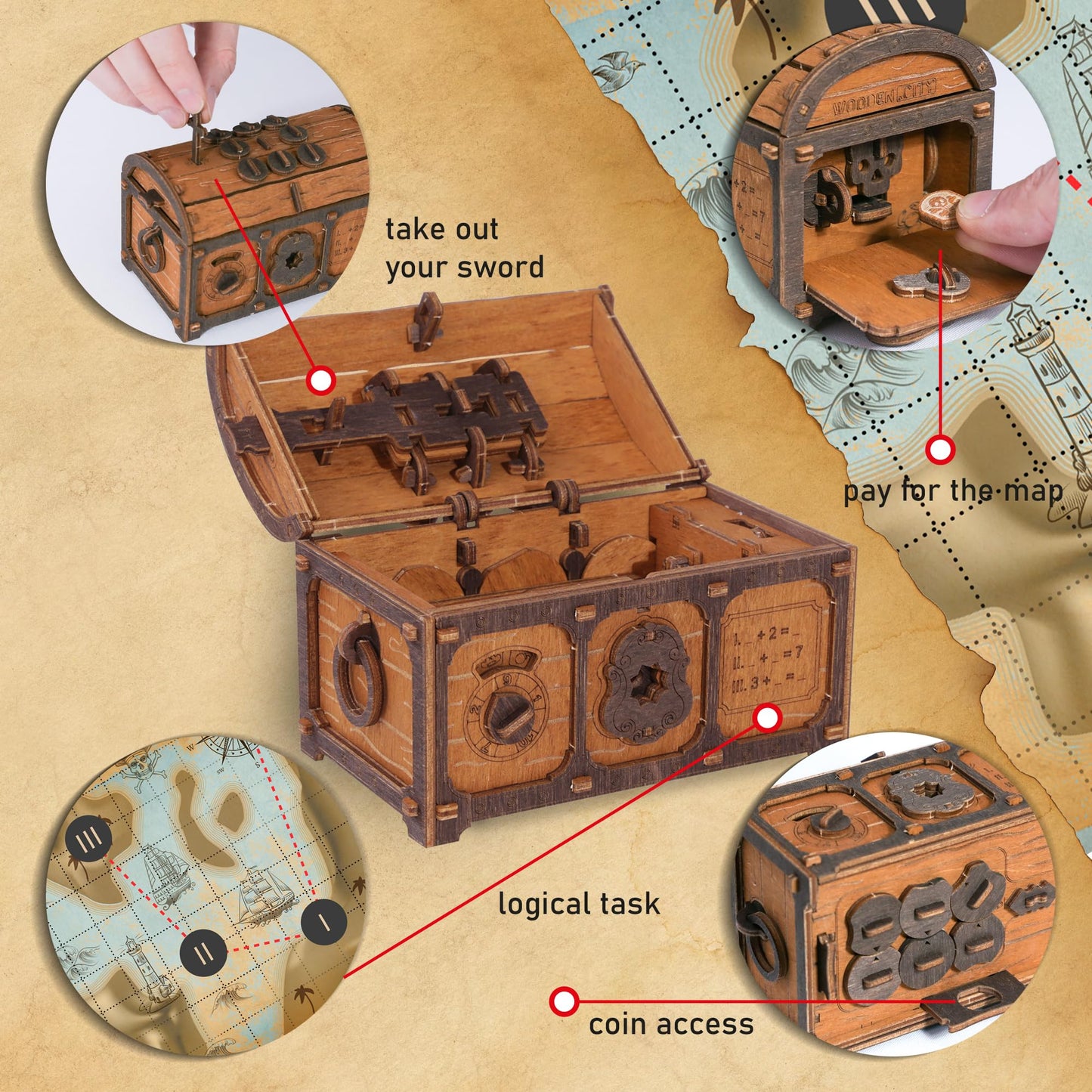 WOODEN.CITY Treasure Chest Escape Room Puzzle Box - 3D Wooden Mechanical Clue Box for Adults - Birch Plywood - Model WR355