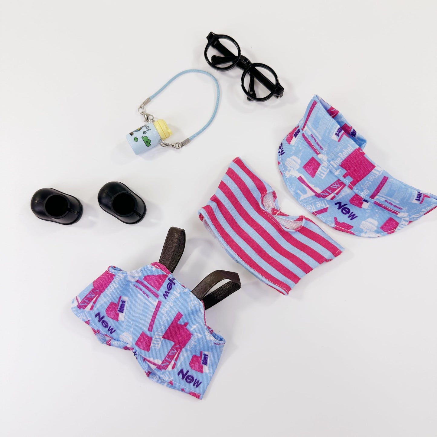 15-17cm Fashion Doll Clothes Cool Overalls 6Pcs Doll Outfits and Accessories for Dress Up/Collectors (Hat + Top + Pants + Water Bottle + Glasses + Shoes)(No Dolls)