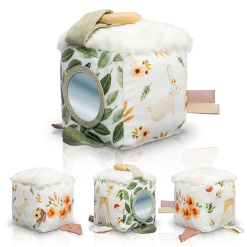 Zicoto Soft Toy Block With Wooden Ring For Babies 0-3 And 0-6 Months - The Perfect High Contrast Activity Cube & Teething Toy With Tummy Time Mirror For Newborns - A Fun Sensory & Development Gift