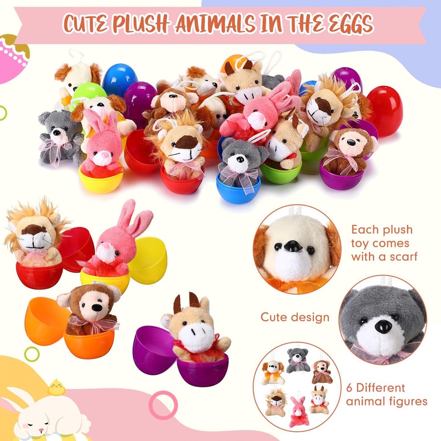 Syhood 96 Set Easter Eggs With Mini Plush Animals Easter Egg Toys Surprise For Kids Basket Stuffers Fillers Party Favor Gift Cla