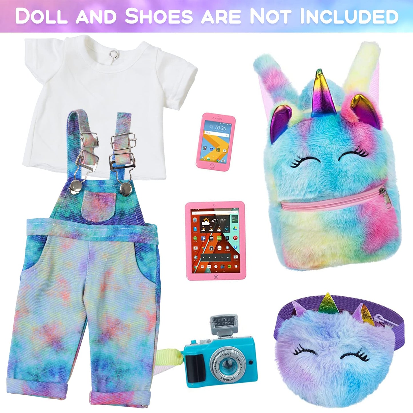 Zita Element 7 Pcs American 18 Inch Doll Clothes And Accessories - 18 Inch Doll Clothes Set With Doll Backpack,Waist Bag,Cell Phone,Tablet Phone,Camera (No Doll)