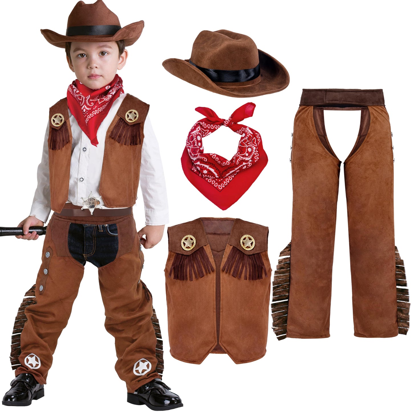 Spooktacular Creations Halloween Cowboy Costume For Boys, Kids Brown Western Costume, Deluxe Cowboy Outfit Set With Hat For Toddler Halloween Dress-Up, Roleplay Themed Party (Small, 5-7 Yrs)