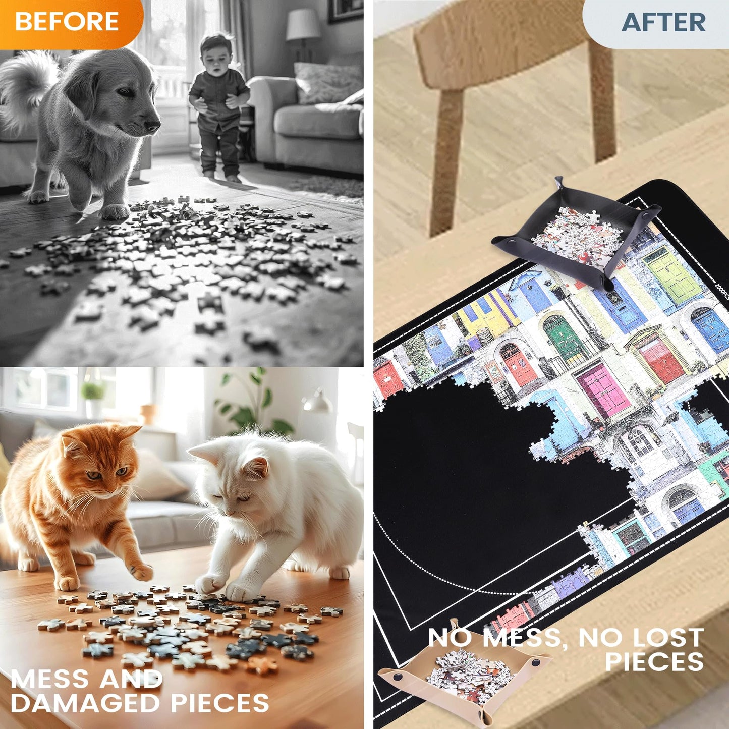 Pohxev Jigsaw Puzzle Mat Roll Up, 53 X 35 3000 2000 1500 Pieces, Roll-Up Puzzle Mats Save Pad With 6 Leather Sorting Trays