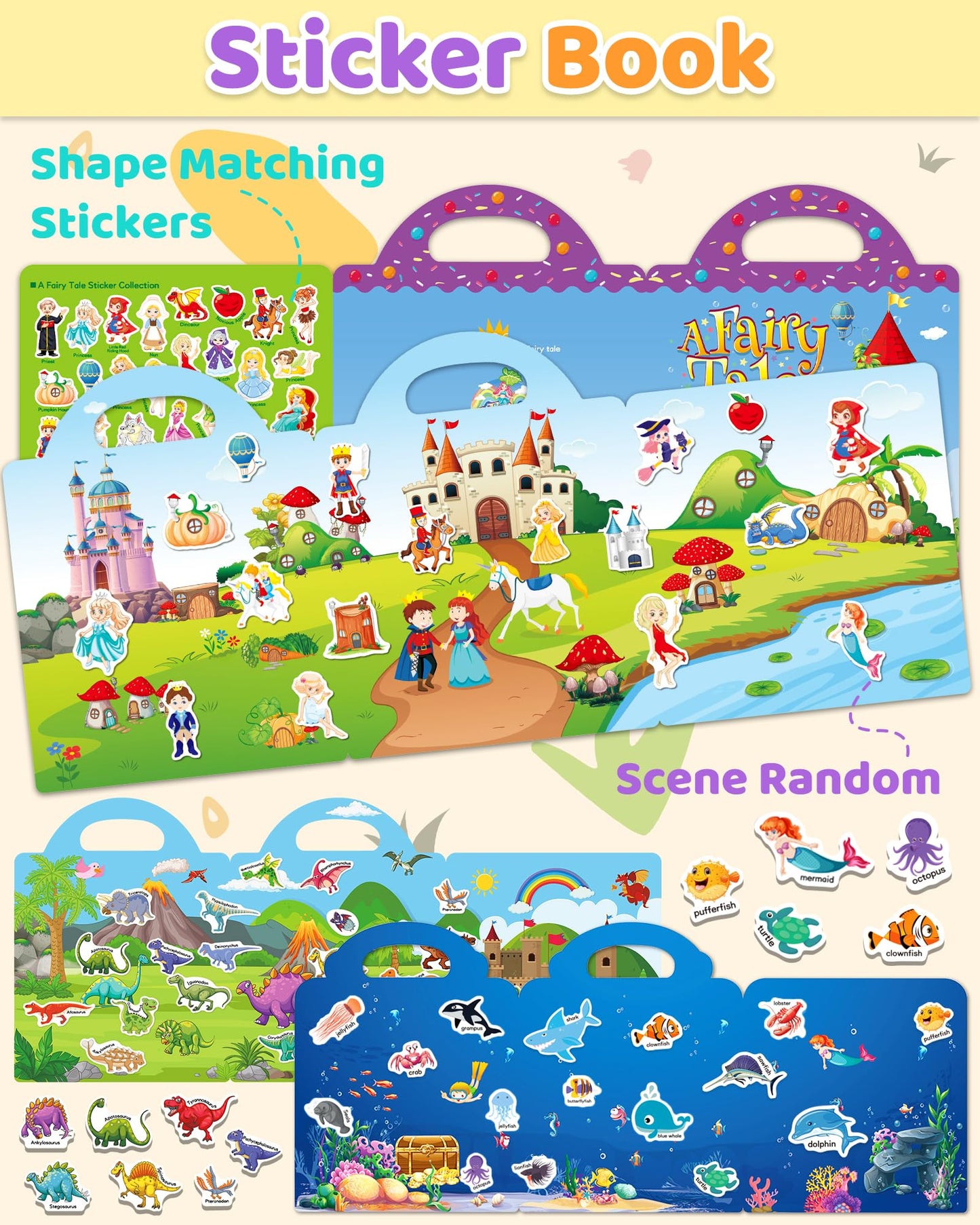 Benresive Reusable Sticker Books For Kids 2-4, Sticker Books For Toddlers 1-3, Toddler Sticker Book Age 2-4, Toddler Travel Toys Activities Crafts Gifts - Ocean, Fairy And Dinosaur