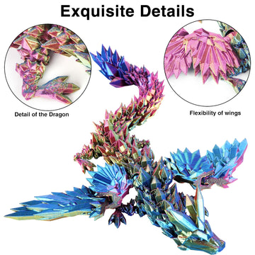Sumland 3D Printed Dragon With Wings Flying Dragon,Rainbow Crystal Wing Dragon Fidget Toys, Articulated 3D Printed Dragon,Red Ye