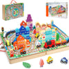 Large Wooden Building Blocks Set, Electric Train City Construction Stacking Blocks Preschool Learning Educational Toys,Wooden Take-Along Tabletop Railroad Play Set For Toddlers