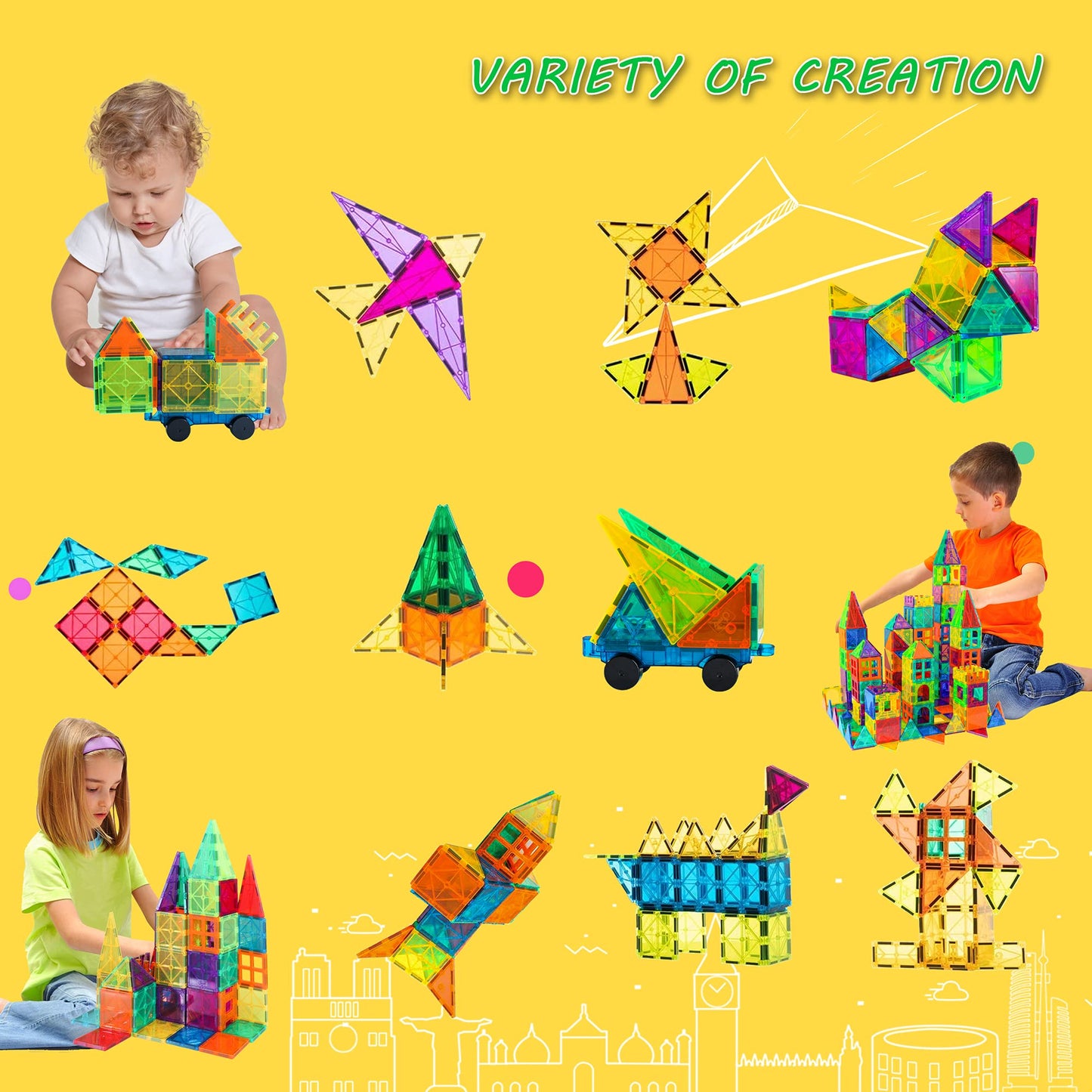 Bmag Magnet Building Blocks Set - 100PCS Multicolored Plastic Tiles with 2 Cars, STEM Educational Toy, Model BG23-100
