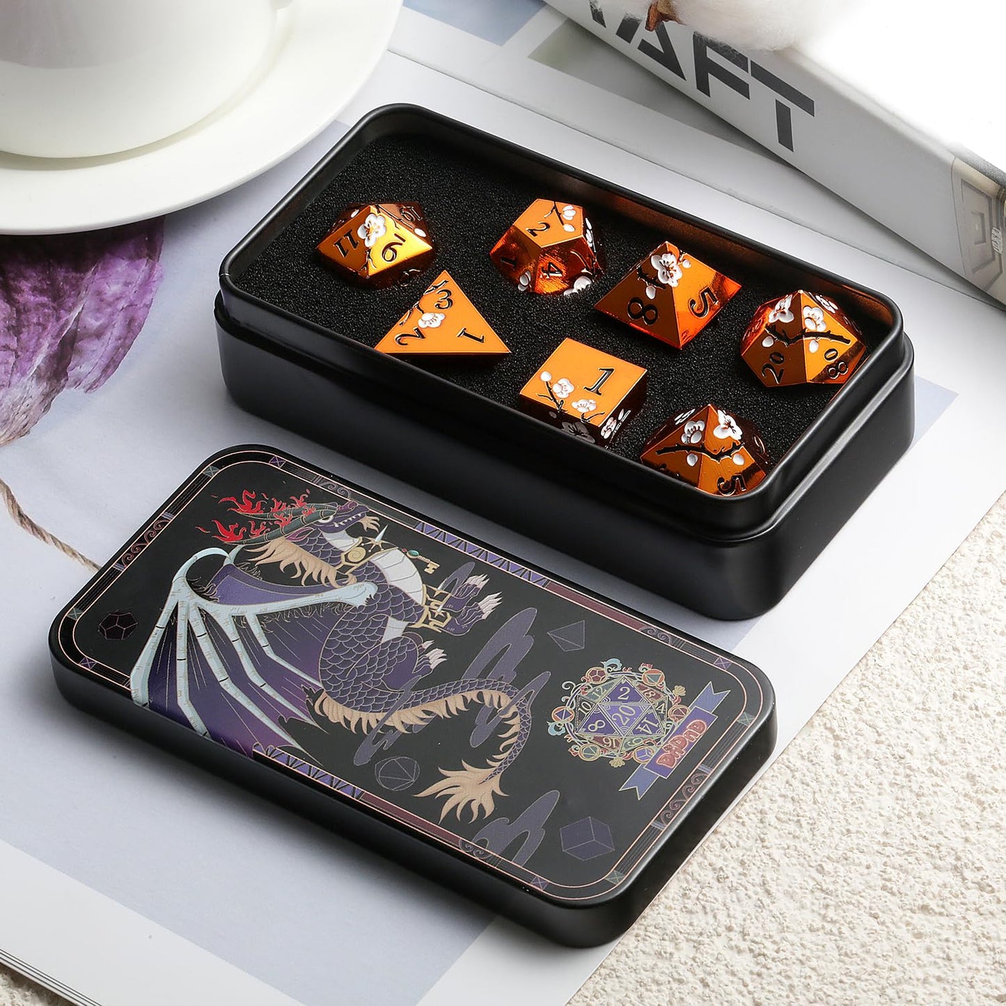 Orange Metal Dice D&D, DNDND 7 PCS Heavy Metallic DND Dice Set with Grogeous Gift Case for Dungeons and Dragon Tabletop Game (Or