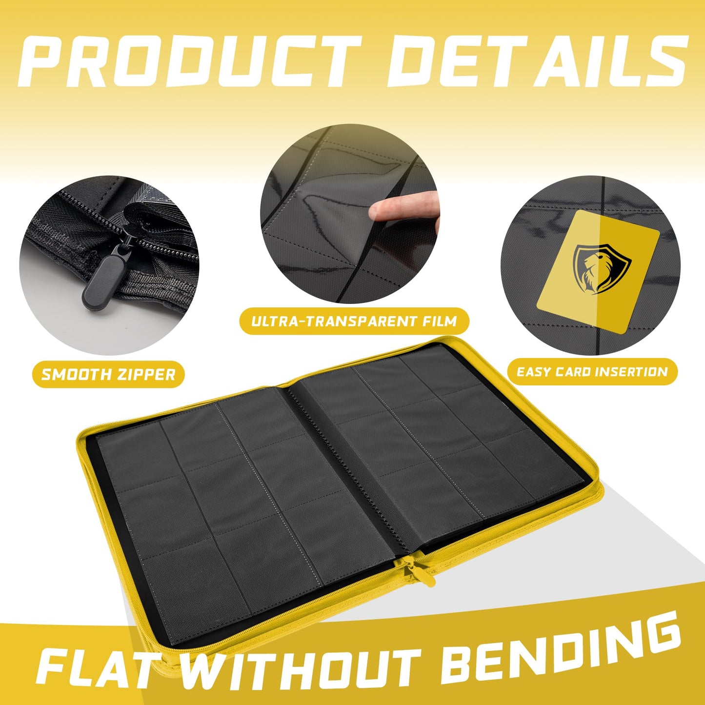 9 Pocket Card Binder enhanced Zip Trading Card Binder 360 Double Sided Pocket PU Collection Binder Collector Album Card Folder for MTG TCG Sports Cards (Yellow)