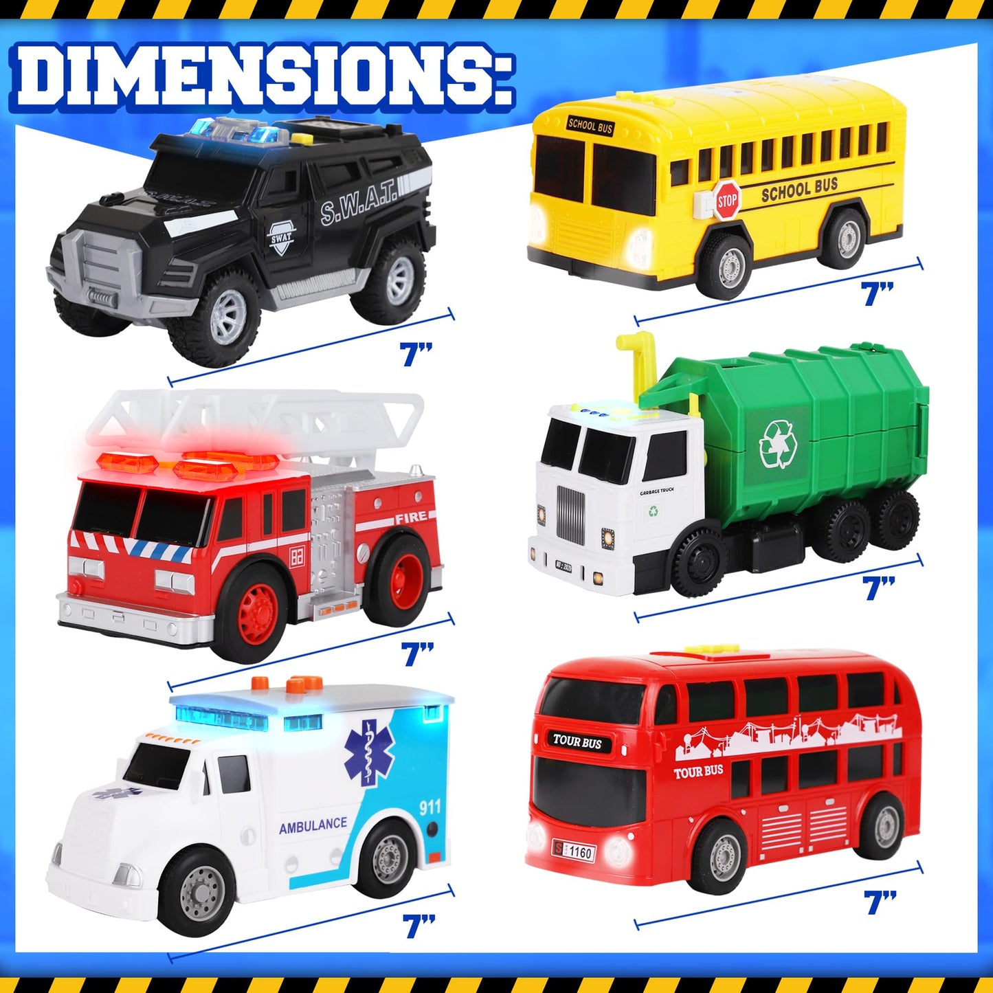 Playkidiz Toy Cars For Toddlers - 6Pcs Pull Back Cars Toys With Light And Sounds, City And Emergency Vehicles Set, Including Pol