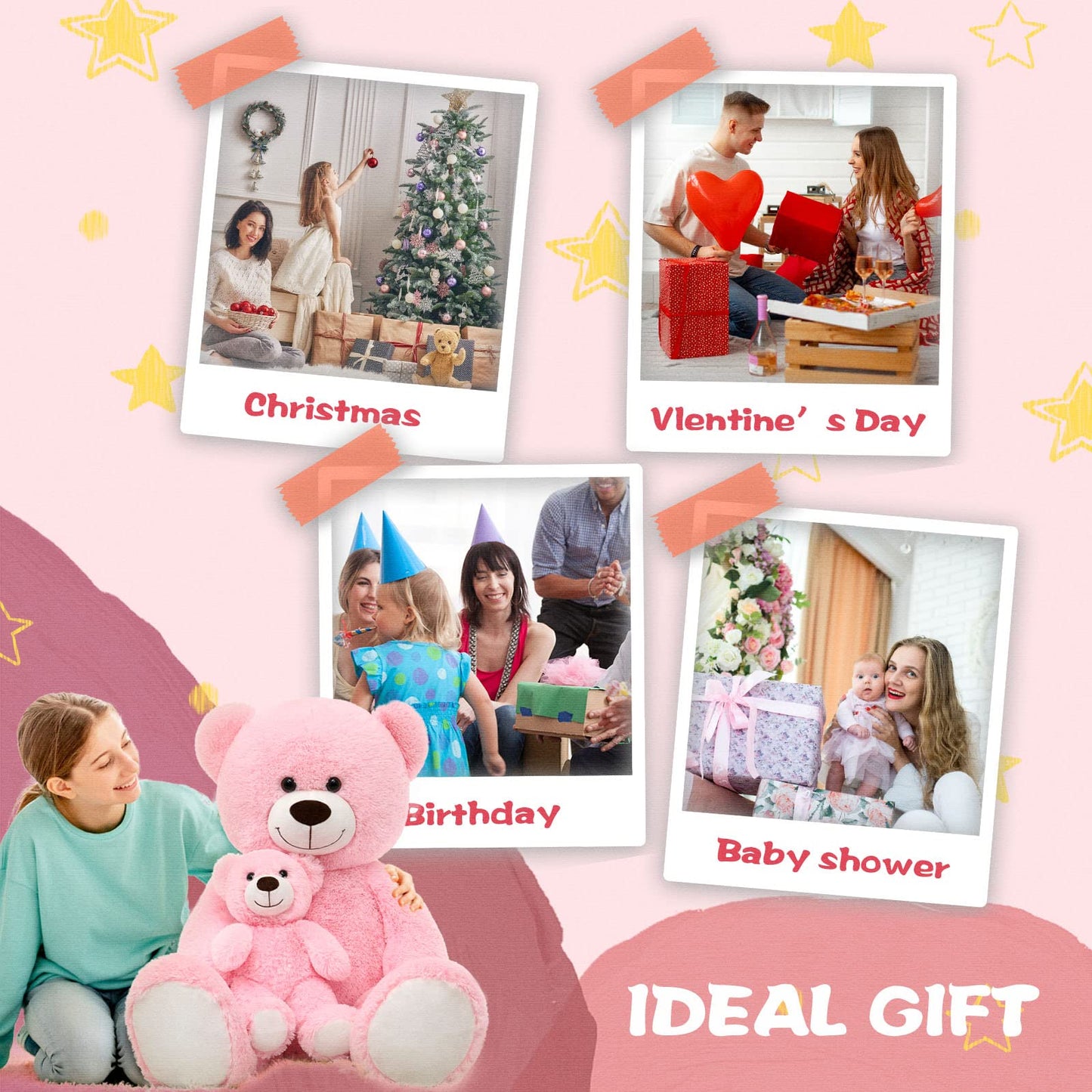 Tezituor Giant Stuffed Animal 39In, Large Teddy With Baby, Big Stuffed Bear For Kids, Girlfriend On Valentine, Christmas, Baby Shower, Pink