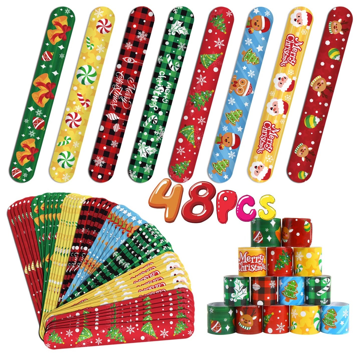 FOIMAS 48pcs Christmas Slap Bracelets,Xmas Santa Reindeer Snap Bracelet Wristband for Kids Christmas Stocking Stuffer Bag Filler