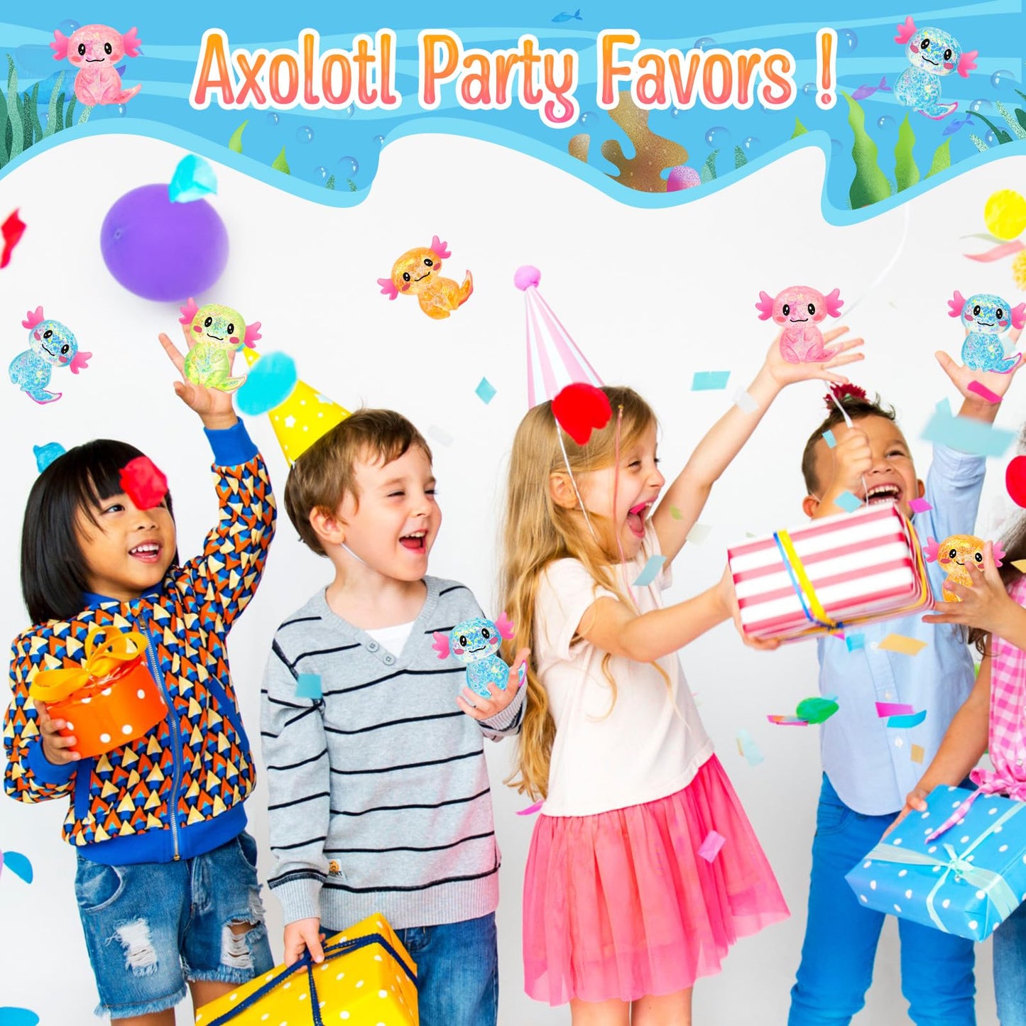 HyDren 28 Pcs Axolotl Sensory Fidget Toy with Cards Axolotl Party Favors Party Supplies Squeezes Toy for Birthday School Classro