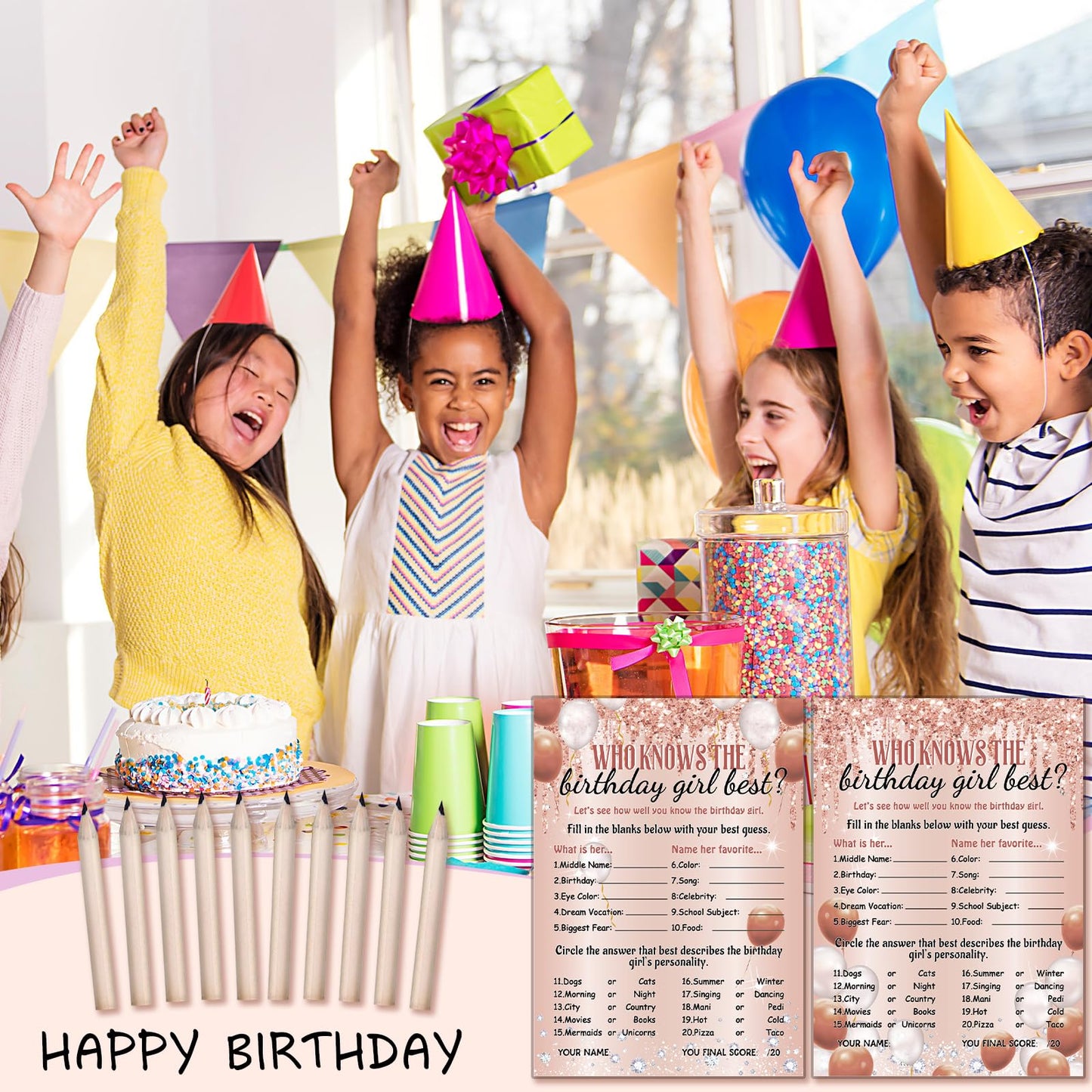 ZOIIWA Birthday Game Cards Set - 50 Pcs Pink Sprinkles with 10 Pre Pointed Pencils for Teen Girls Sleepover Party