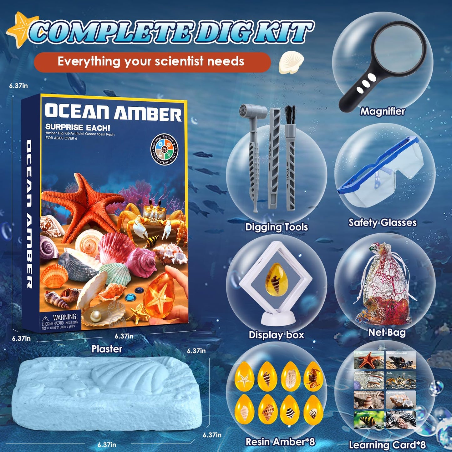 Woumserta Ocean Dig Kit - 8 Specimens Excavation Kit, Gemstone For Kids, Fossil Ocean Toys Dig Kits For Amber Collection, Ocean Toys For Boys Girls And Up Year Old Birthday Gifts
