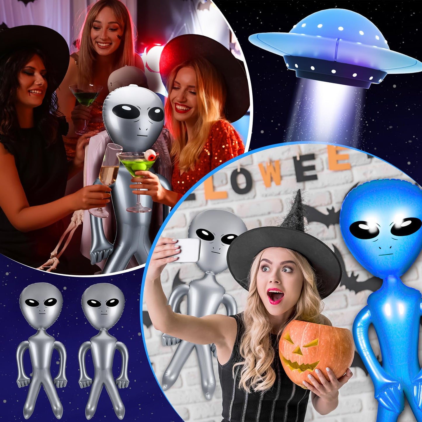 Zhanmai 4 Pcs 63 Inch 35 Inch Inflatable Alien Jumbo Alien Party Decorations Alien Balloon Inflate Alien For Halloween Party Favors(Silver, Blue)