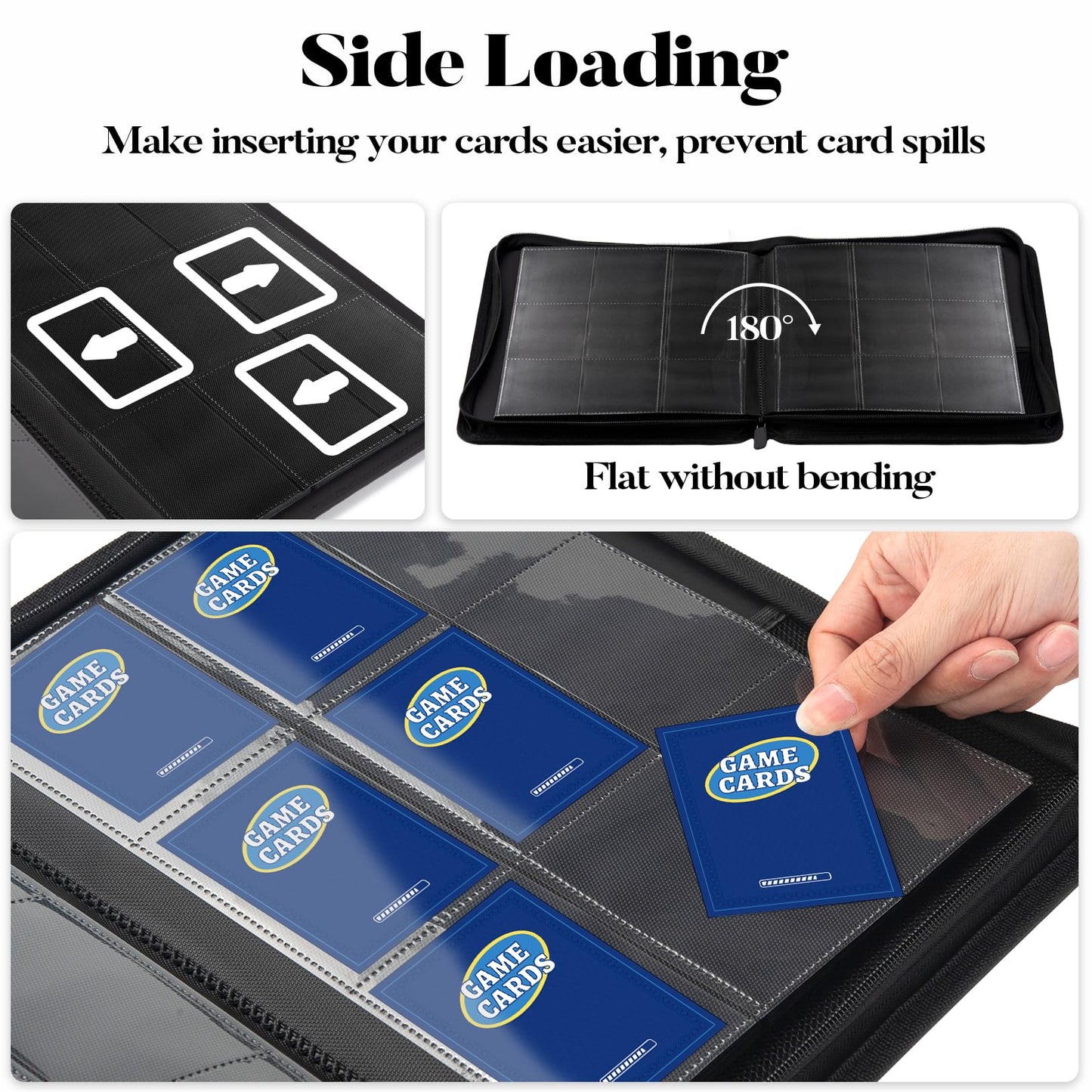 enhanced Zip Card Binder Fabmaker 9 Pocket Trading Card Binder PU Cover Zipper Card Collection Album Sturdy 360 Side-Loading Card Folder Holder for MTG TCG Game Cards Sports Cards Black