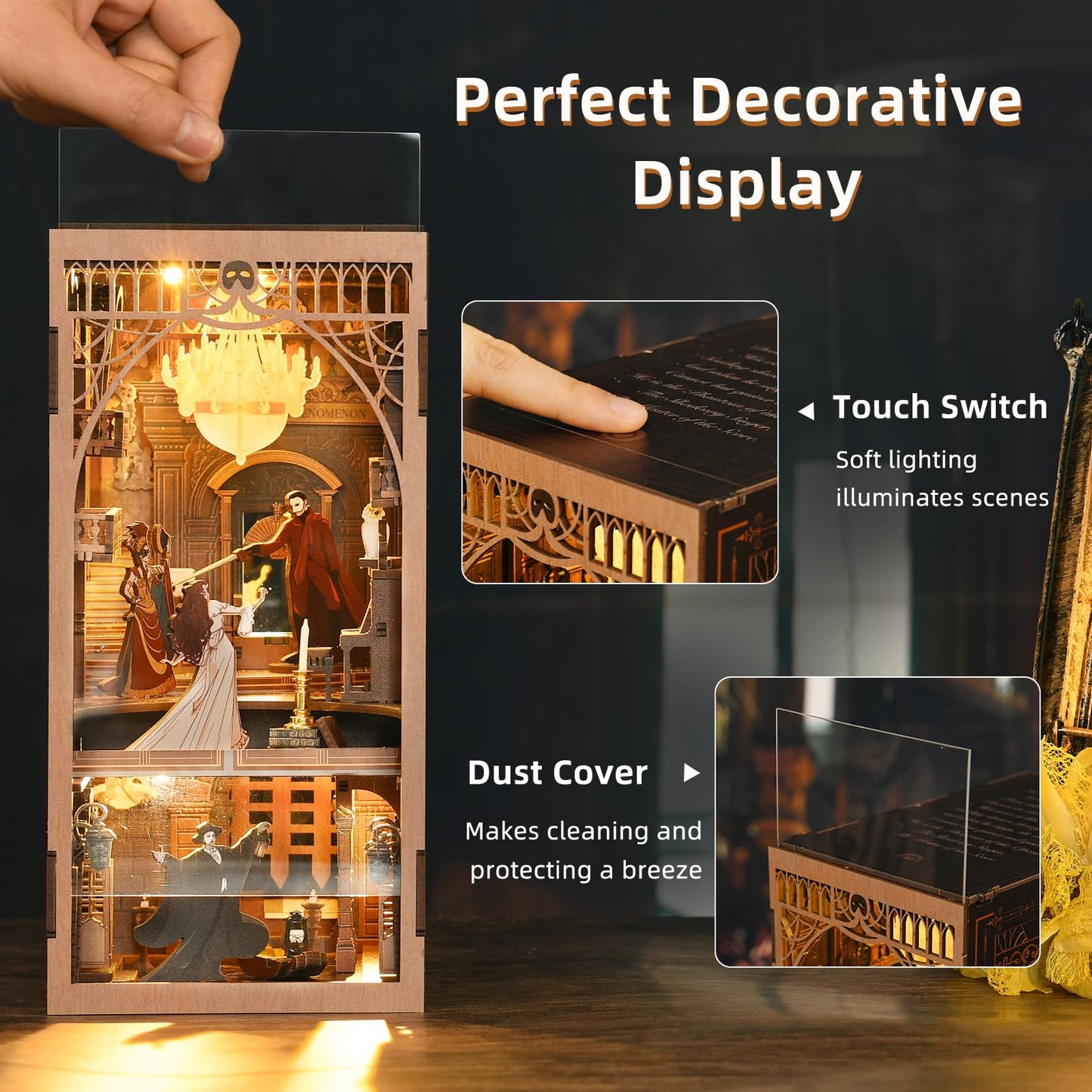 Minicity Diy Book Nook Kit For Adults, 3D Wooden Puzzle Bookend Bookshelf Insert Decor With Led Light And Dust Cover (Phantom Of